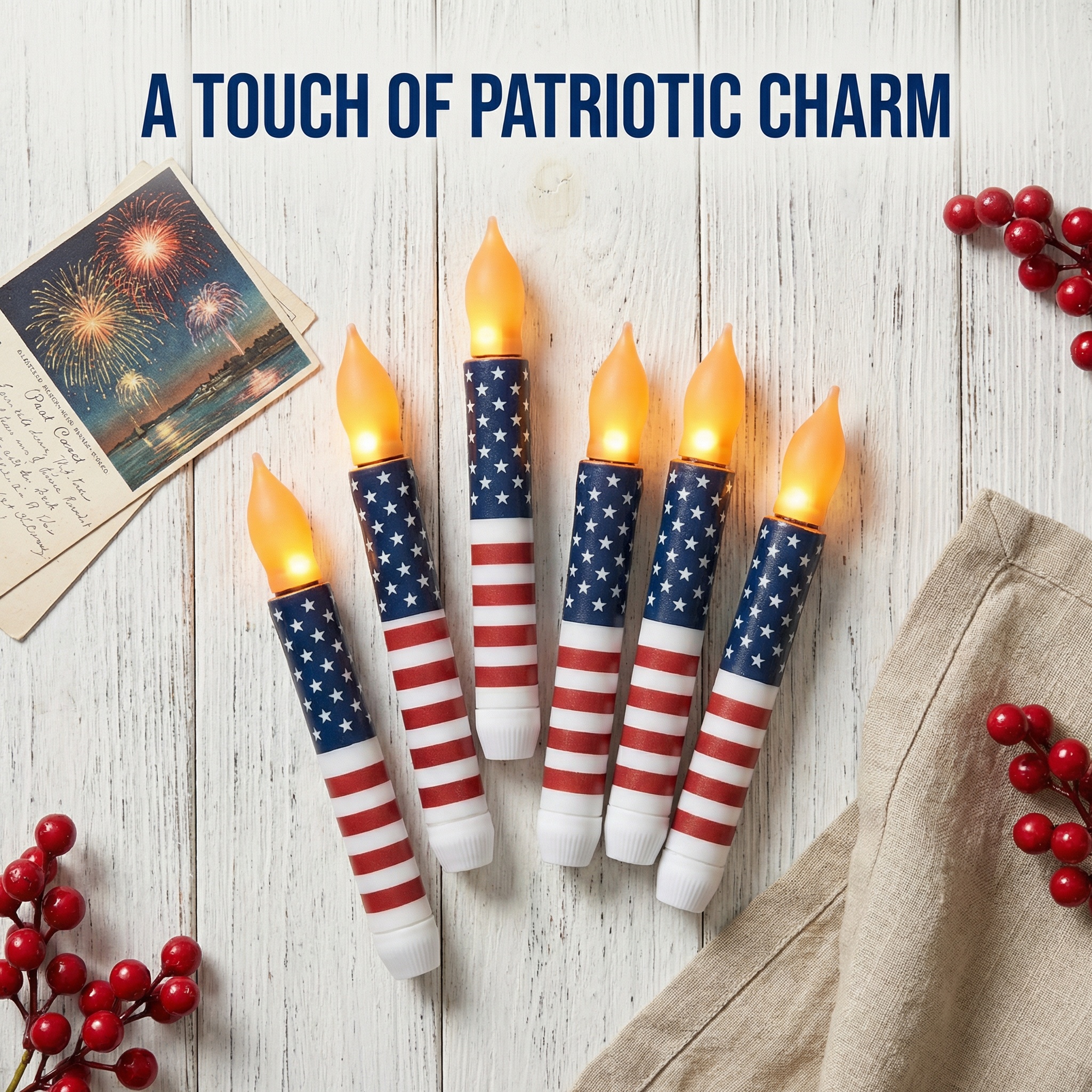 Set of 6 Patriotic LED Taper Candles with Timer