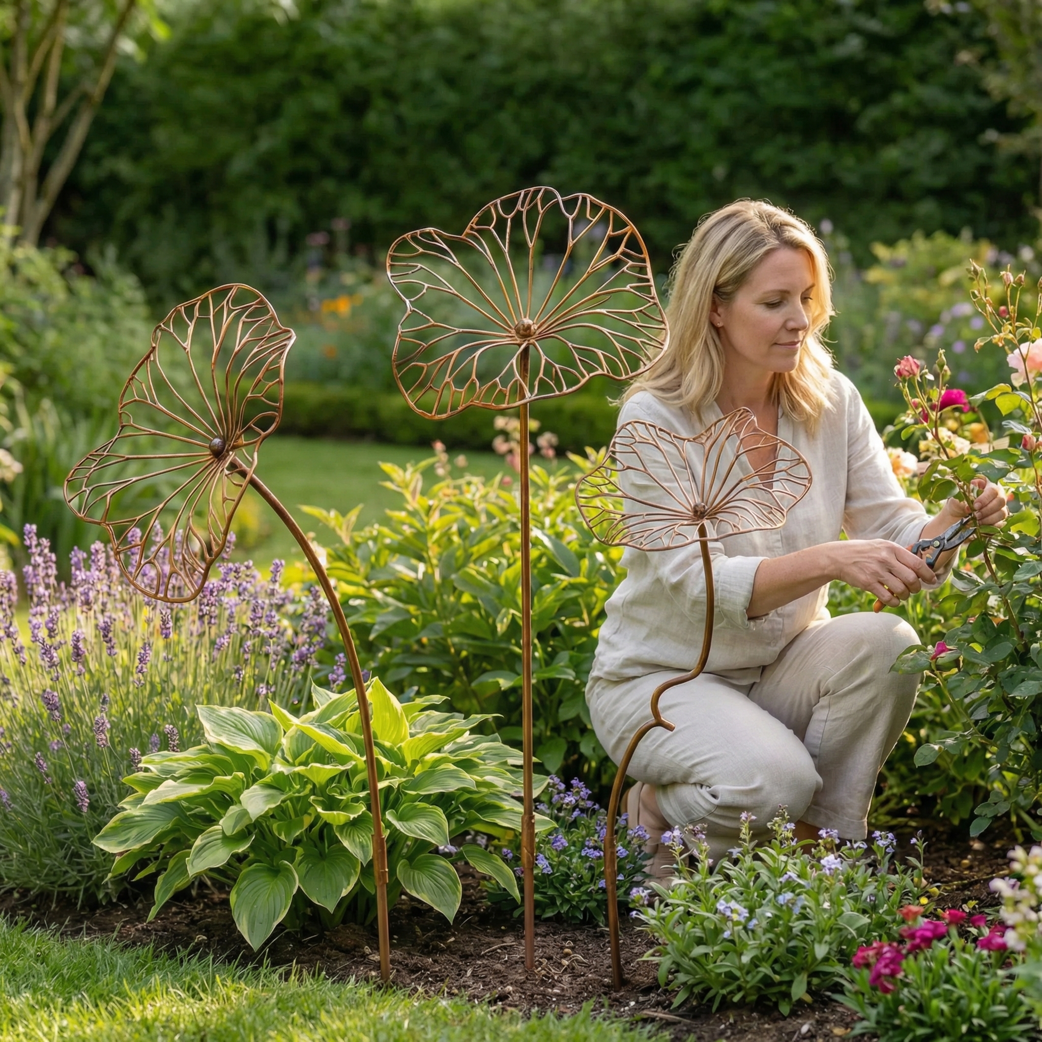 Set of 3 Rustic Iron Lotus Leaf Garden Stakes