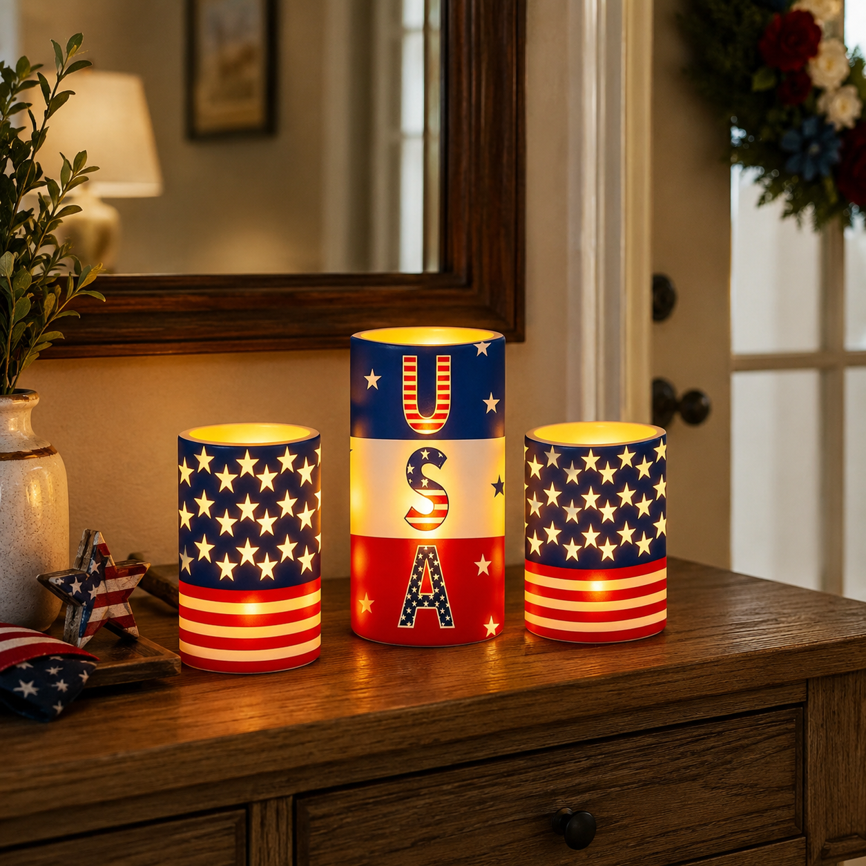 3PCS Patriotic Flameless LED Candle Set with Remote