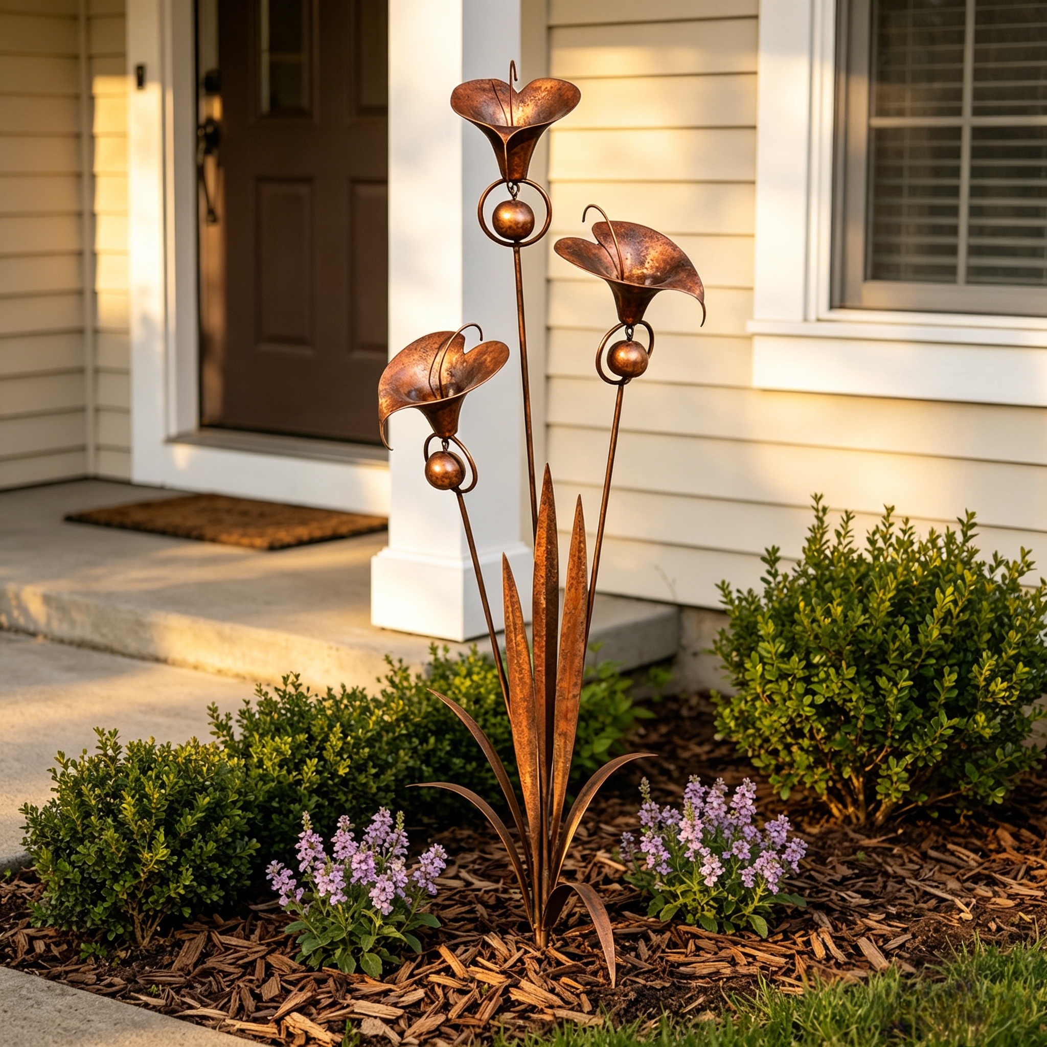 Flamed Copper Three Calla Lilies Garden Stake with Bells