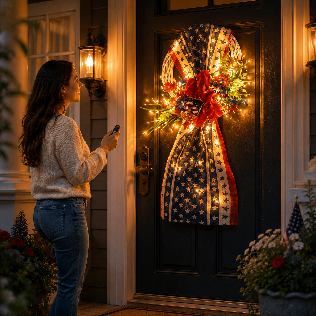 Lighted Patriotic Front Door Swag Wreath