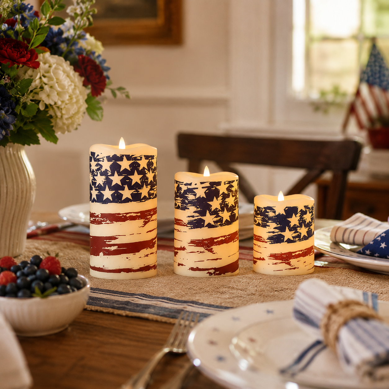 Set of 3 Patriotic LED Pillar Candles with Realistic Flame & Timer