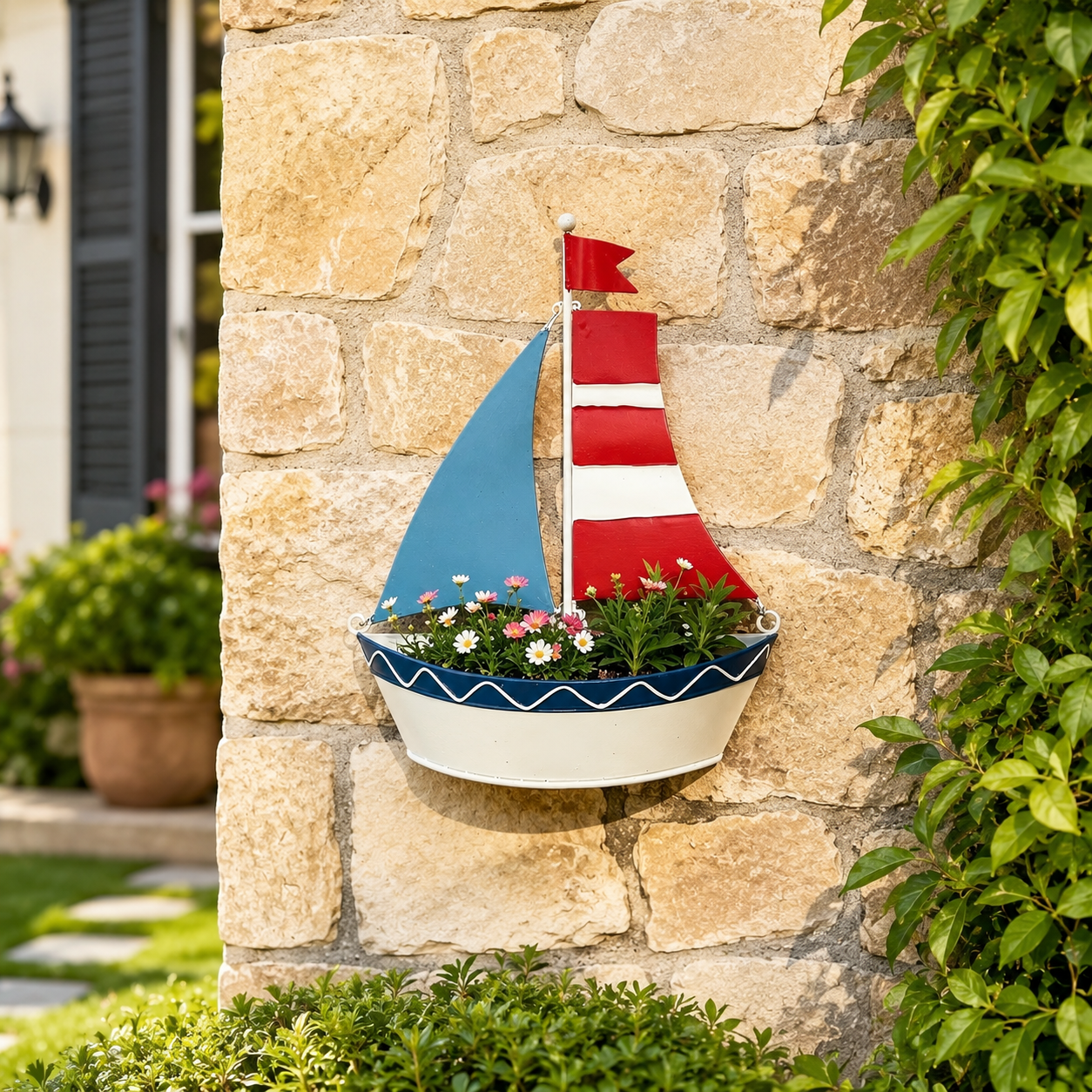 Iron Art Painted Sailboat-Shaped Wall Hanging Flower Pot