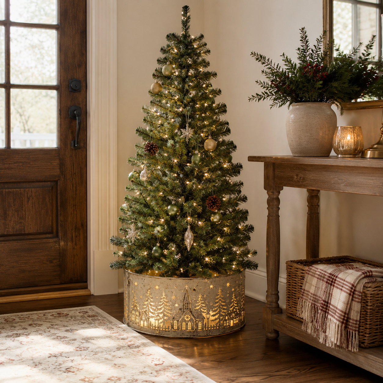 Pre-Lit Metal Christmas Tree Collar with Lighted Village Cutouts