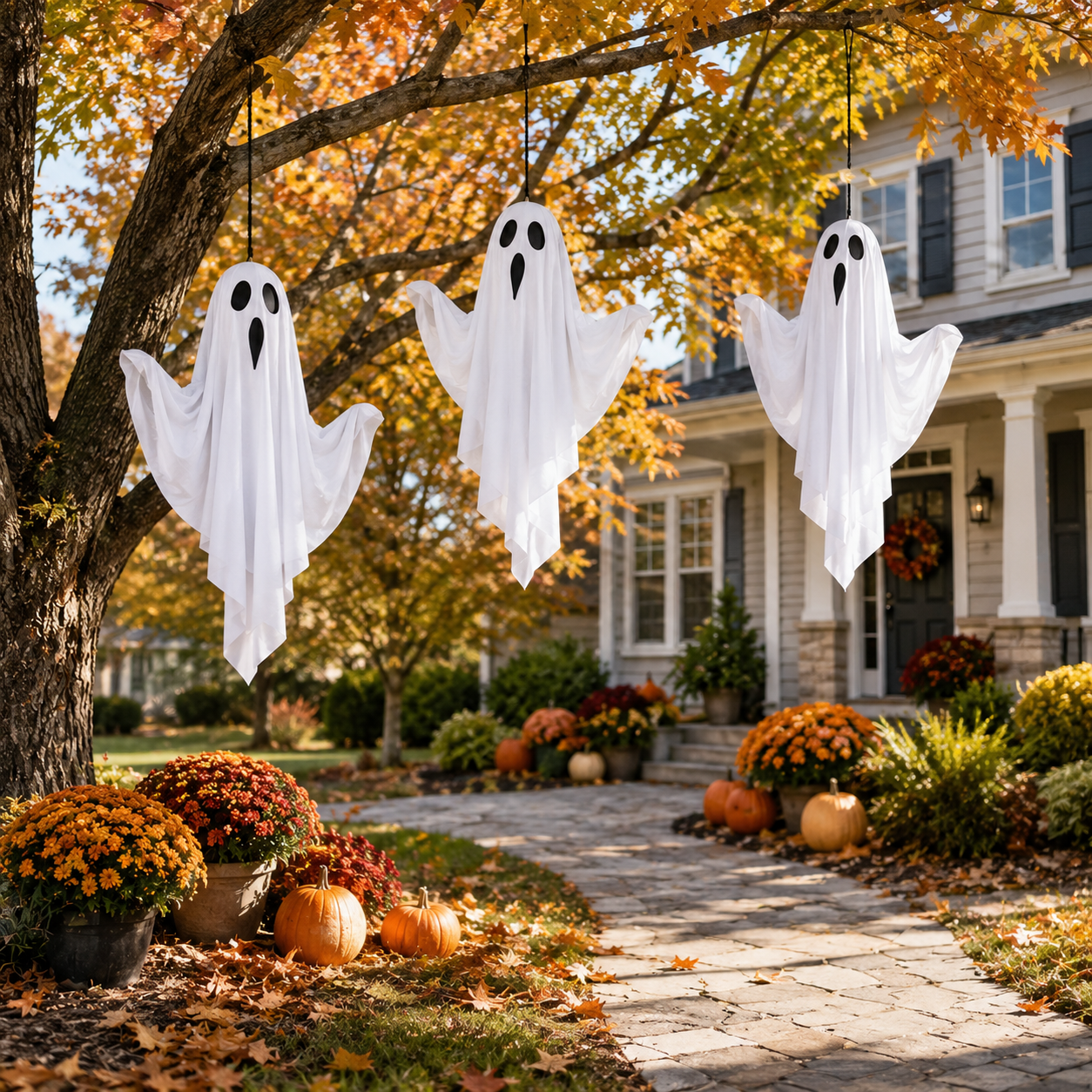 Set of 3 Lighted Hanging Ghost Decorations for Halloween