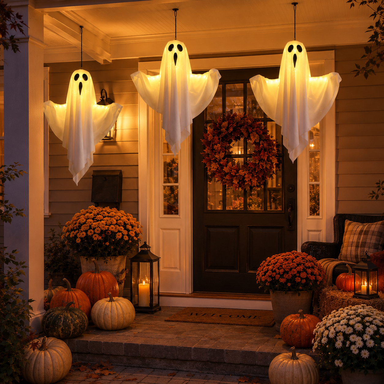 Set of 3 Lighted Hanging Ghost Decorations for Halloween