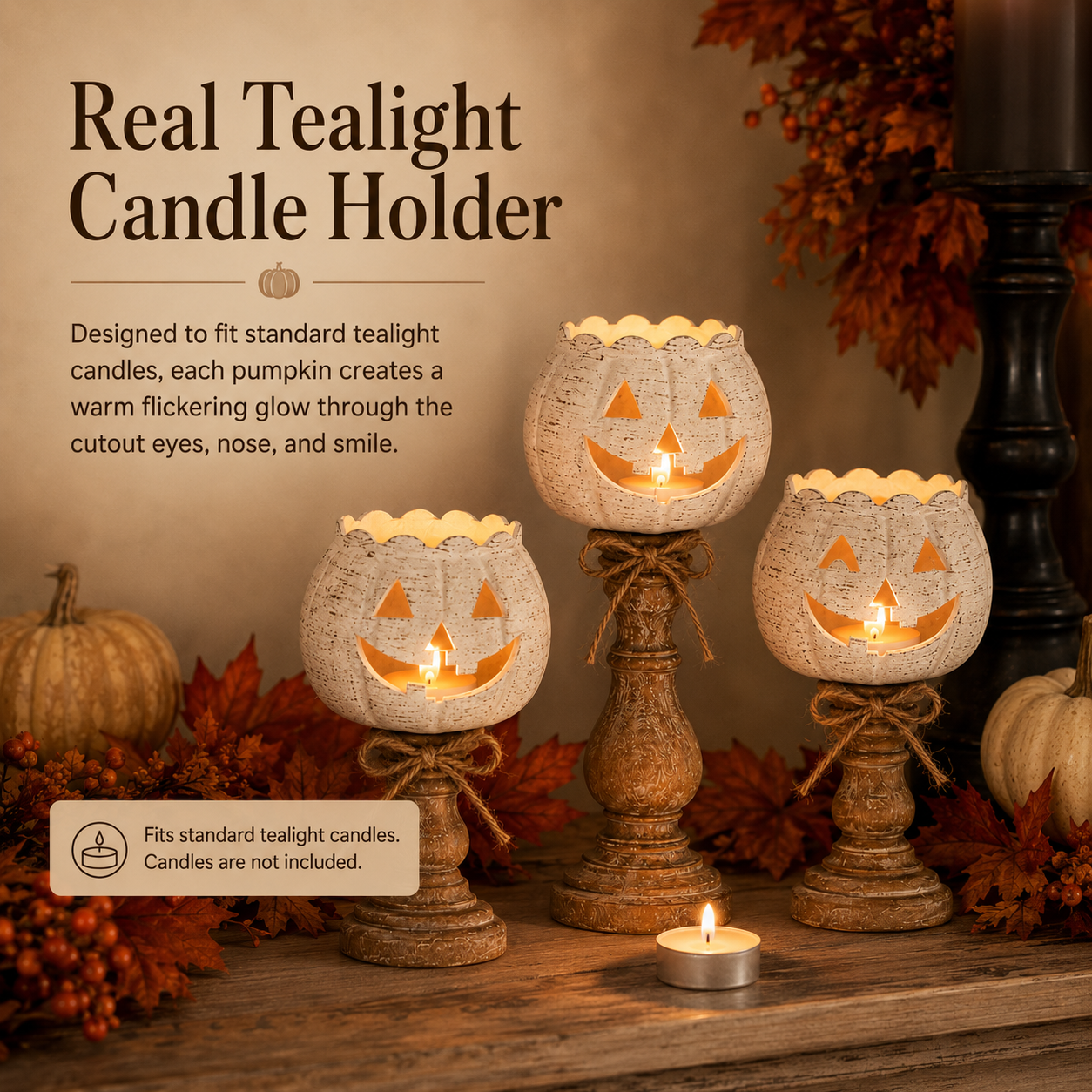 Rustic White Pumpkin Tealight Candle Holder Set of 3