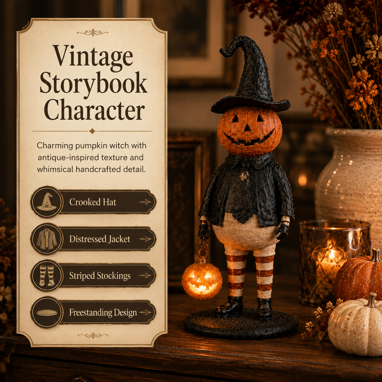 Vintage Lighted Pumpkin Witch Figurine