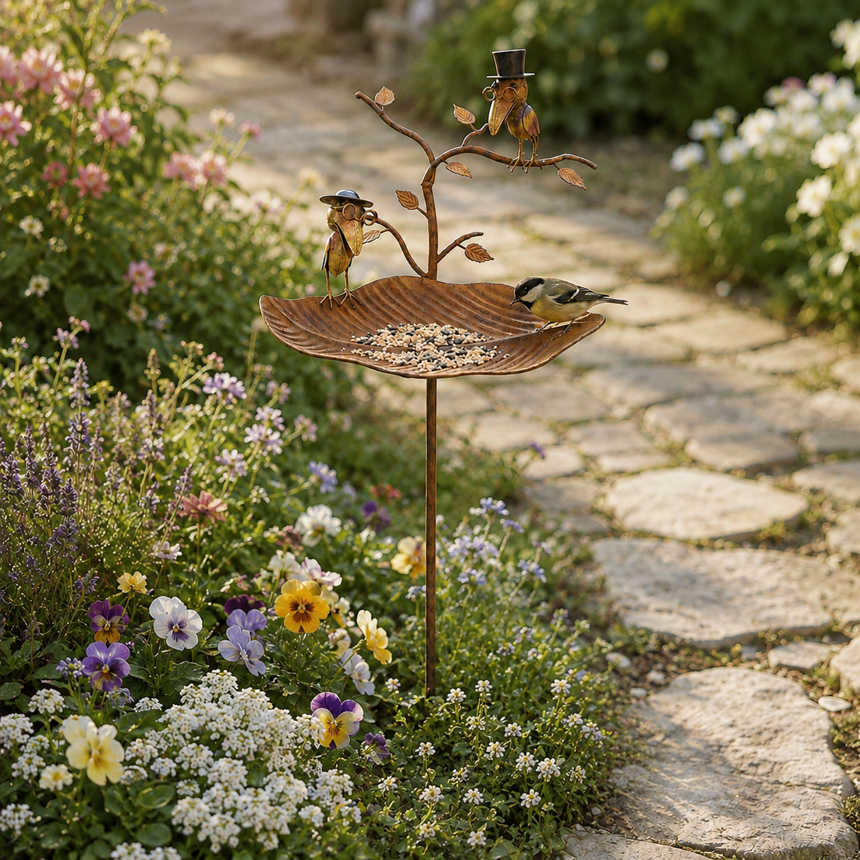 Vintage Metal Leaf Bird Feeder Garden Stake
