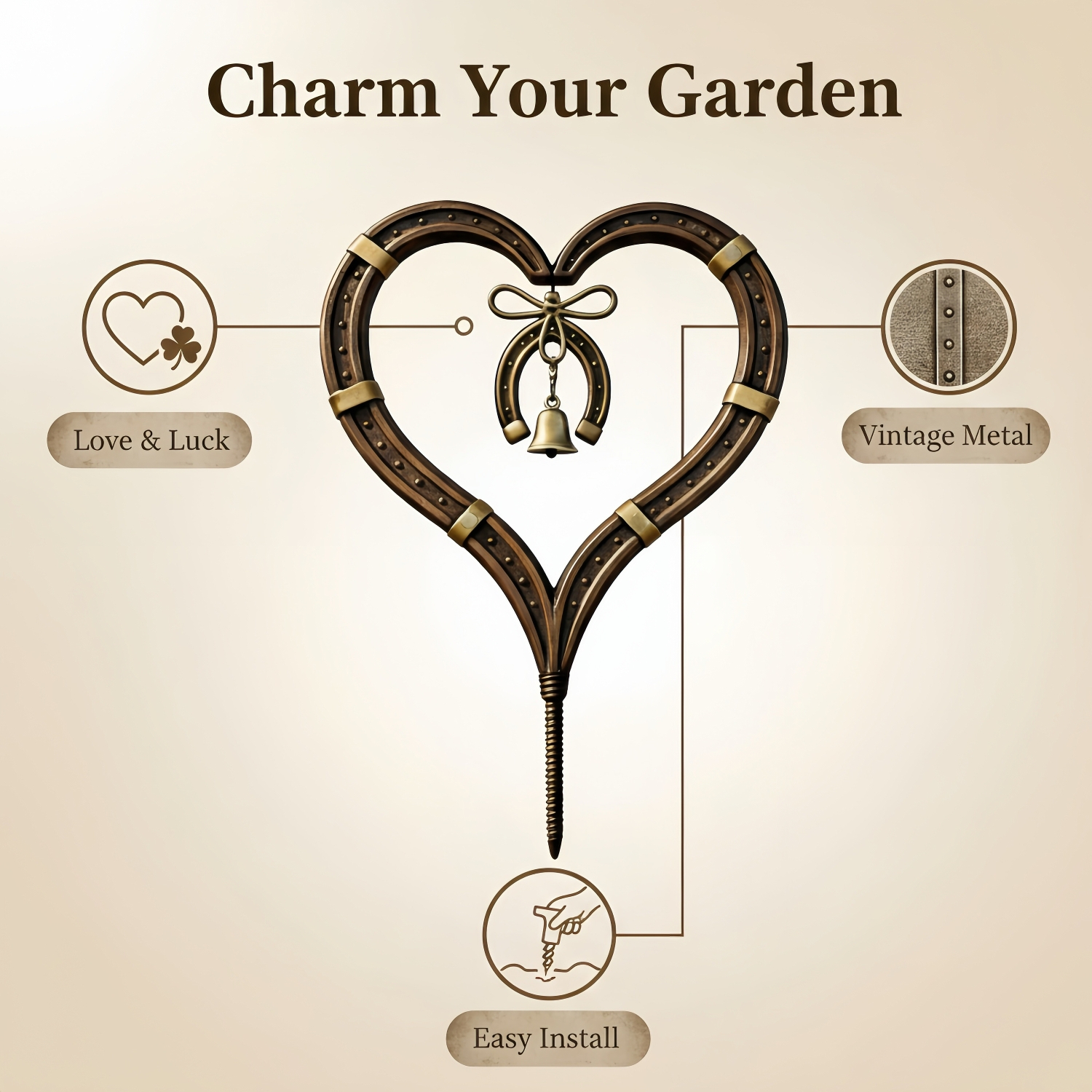 Handcrafted Horseshoe Heart Metal Garden Stake with Lucky Bell