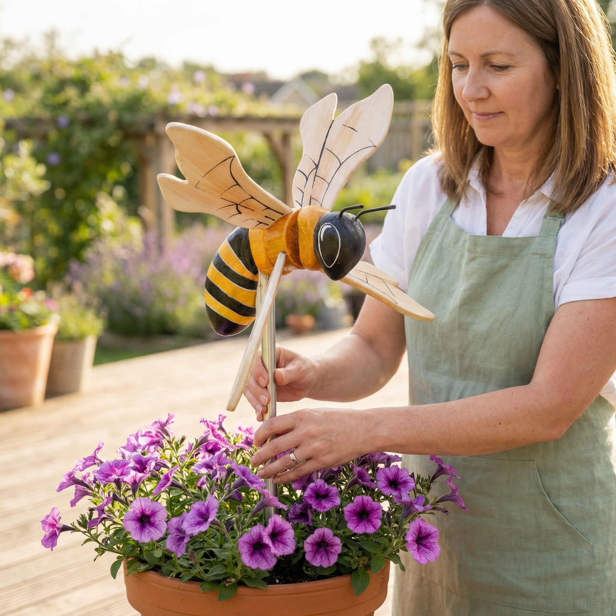 Wooden Bee Wind Spinner Garden Stake – Hand-Painted Outdoor Yard Decor