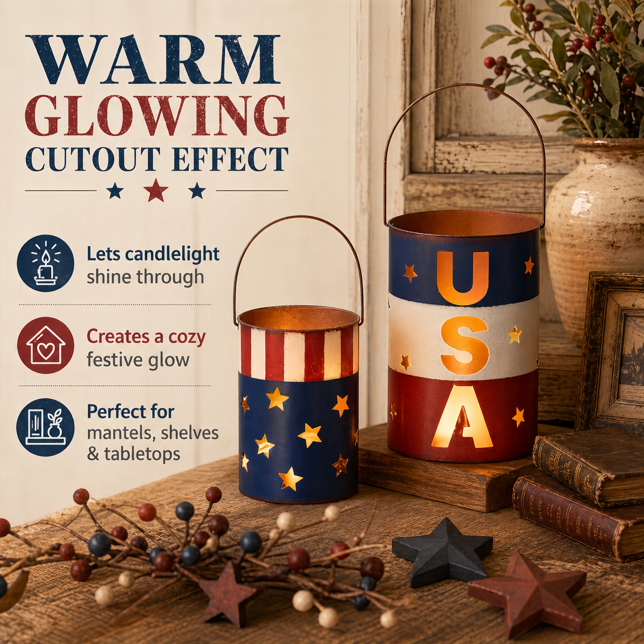 Patriotic Metal Candle Lantern Set