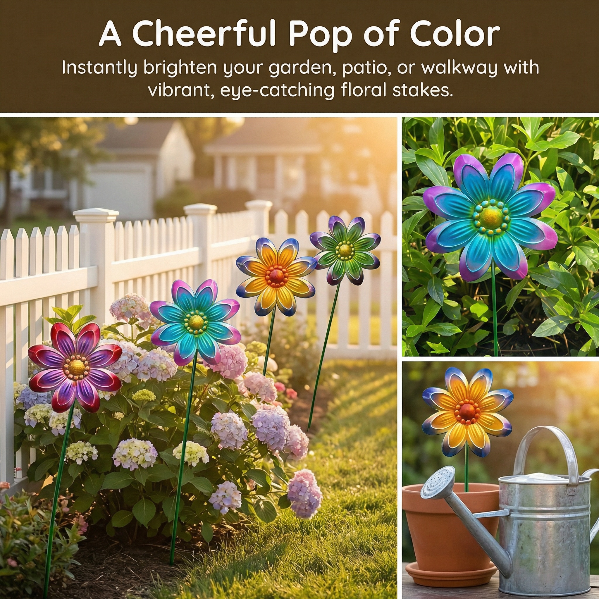 Set of 4 Outdoor Metal Colorful Floral Garden Decor Stakes