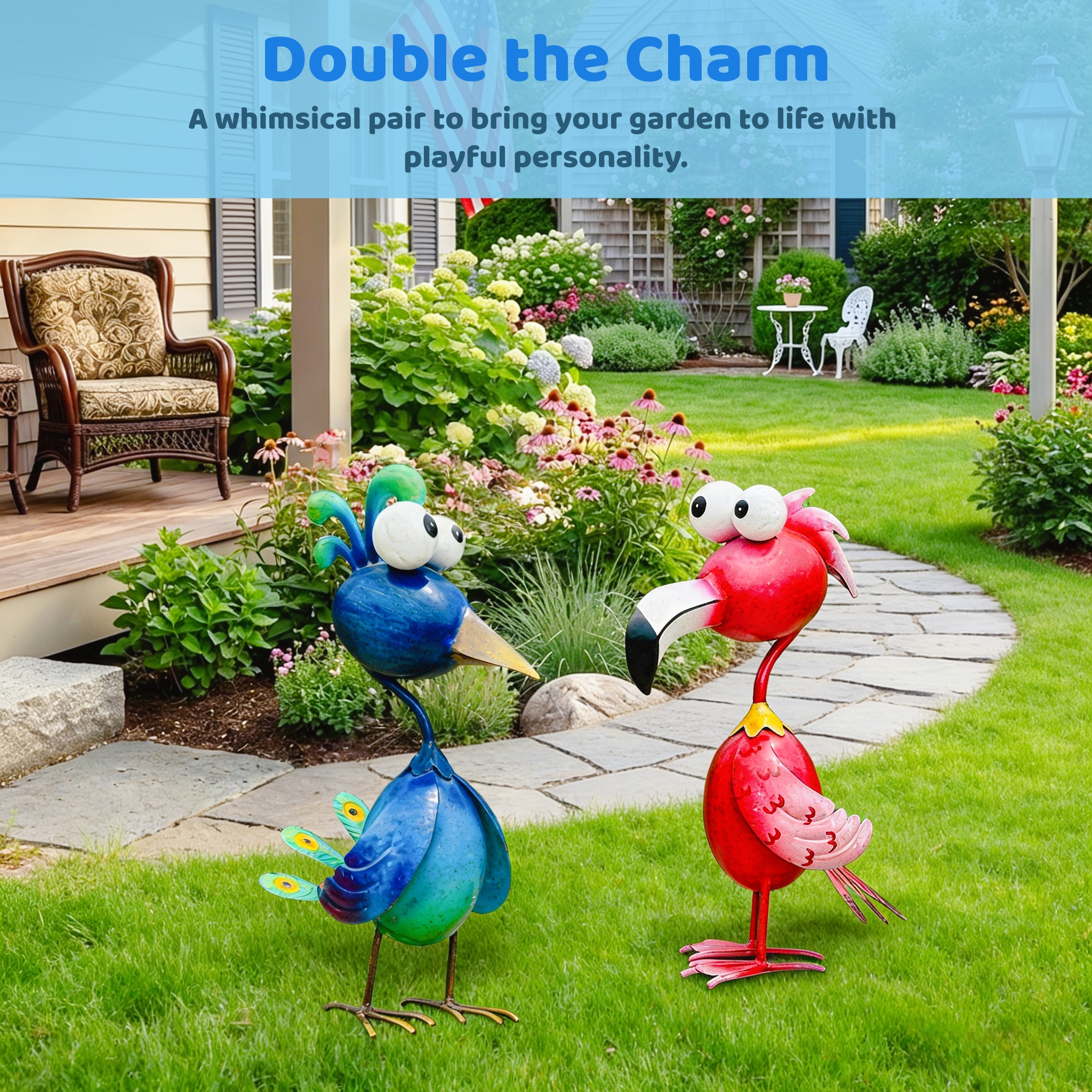 Whimsical Metal Bird Garden Statue