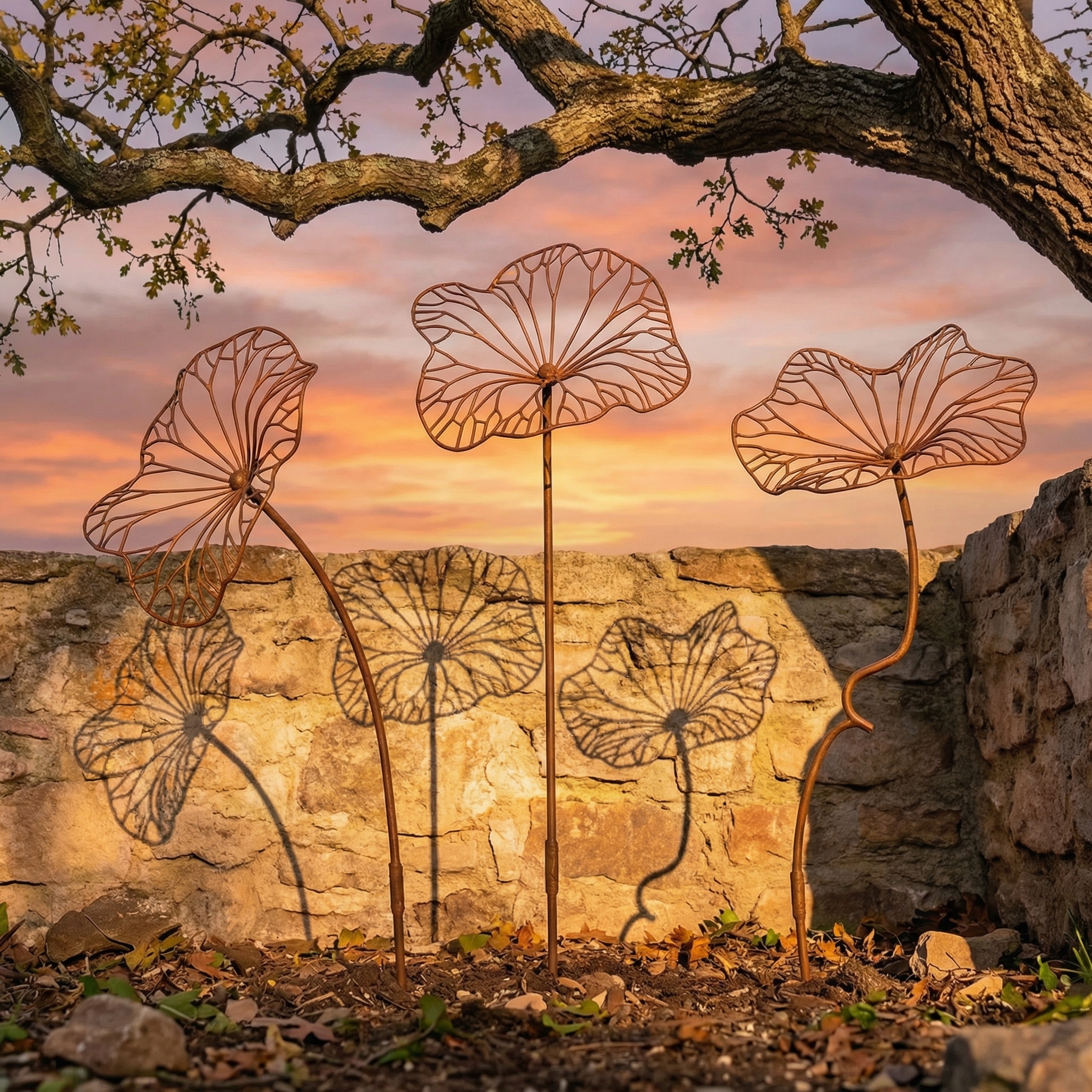 Set of 3 Rustic Iron Lotus Leaf Garden Stakes