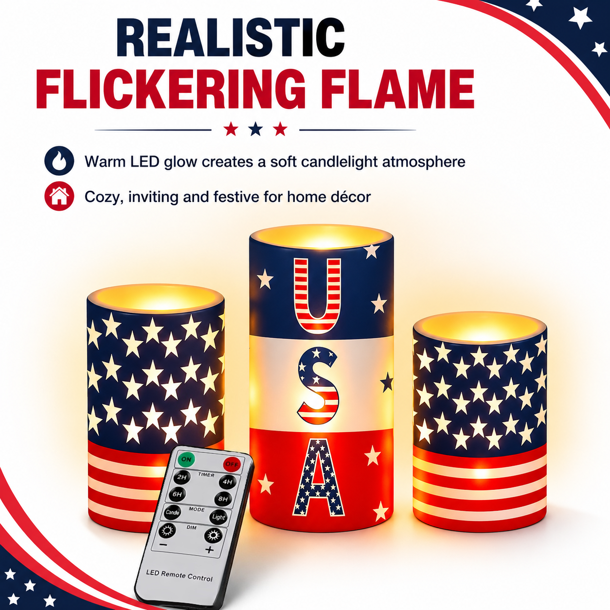 3PCS Patriotic Flameless LED Candle Set with Remote