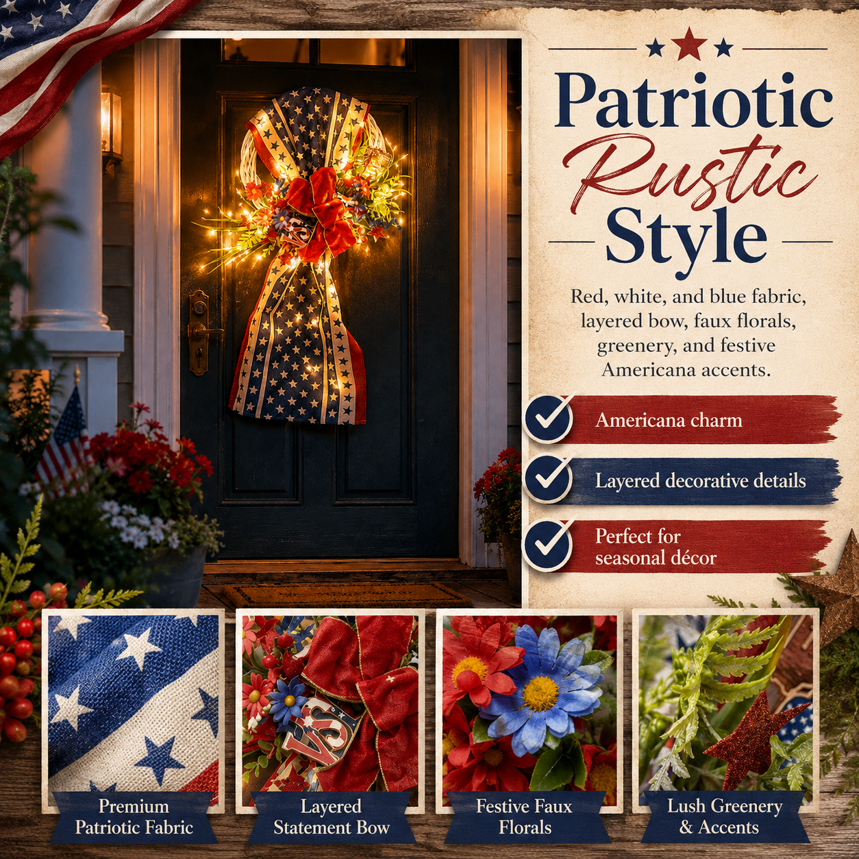 Lighted Patriotic Front Door Swag Wreath