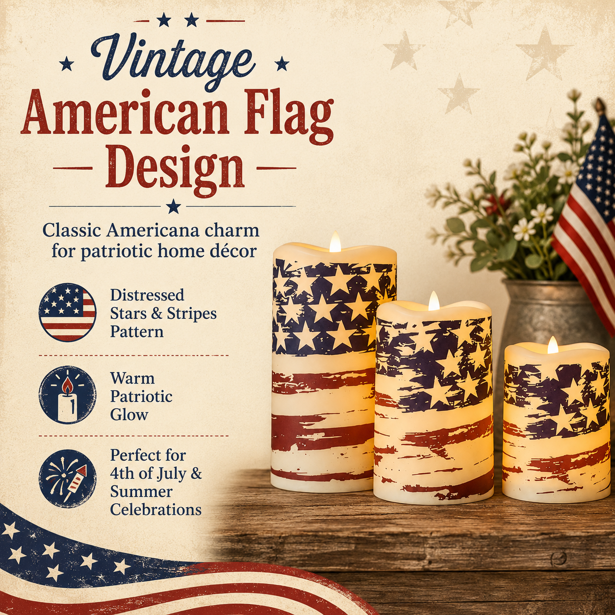 Set of 3 Patriotic LED Pillar Candles with Realistic Flame & Timer