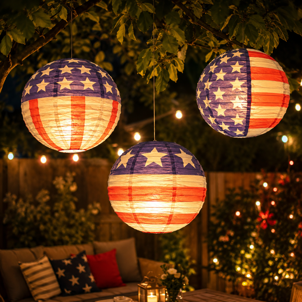 American Flag Solar Paper Lanterns with LED Bulbs