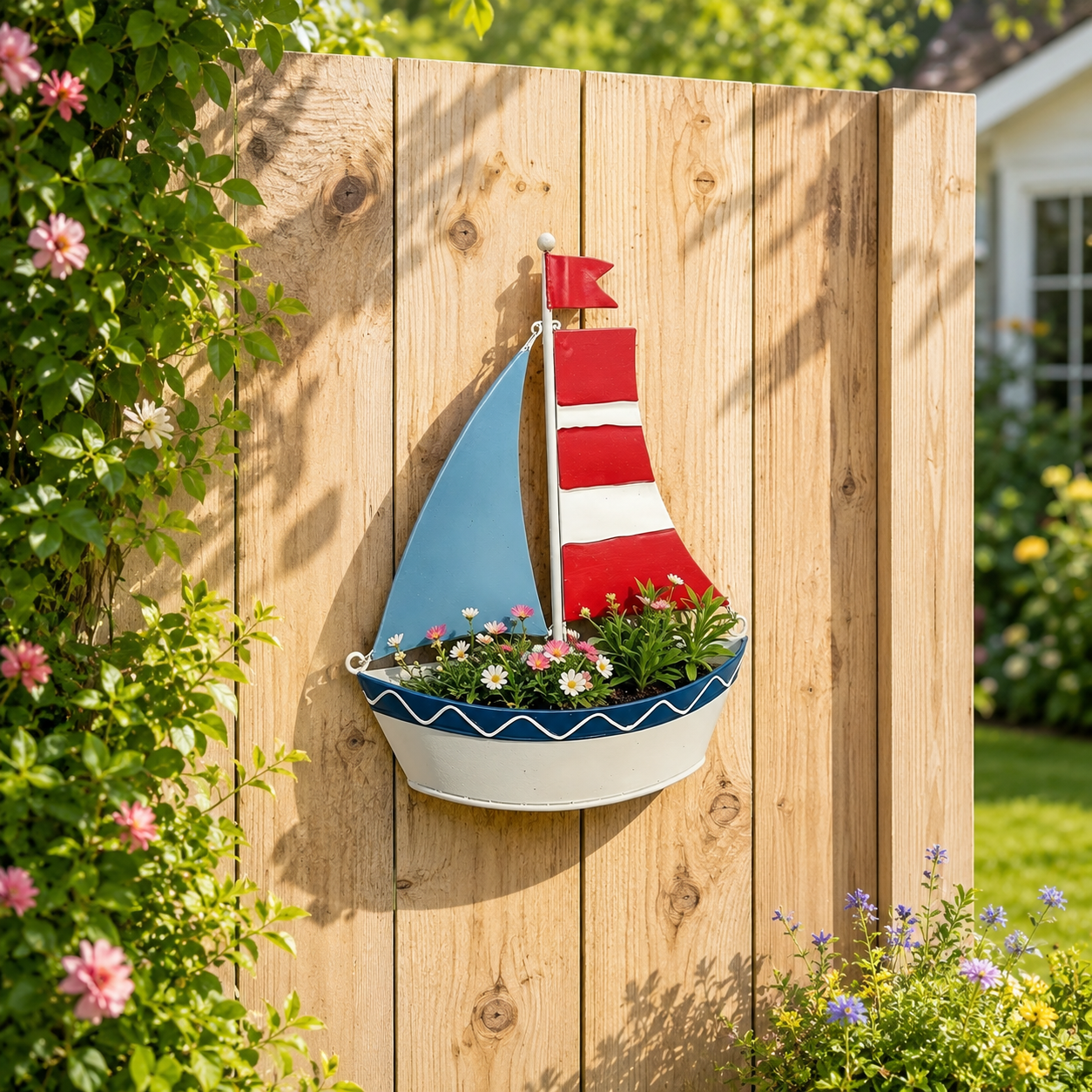 Iron Art Painted Sailboat-Shaped Wall Hanging Flower Pot