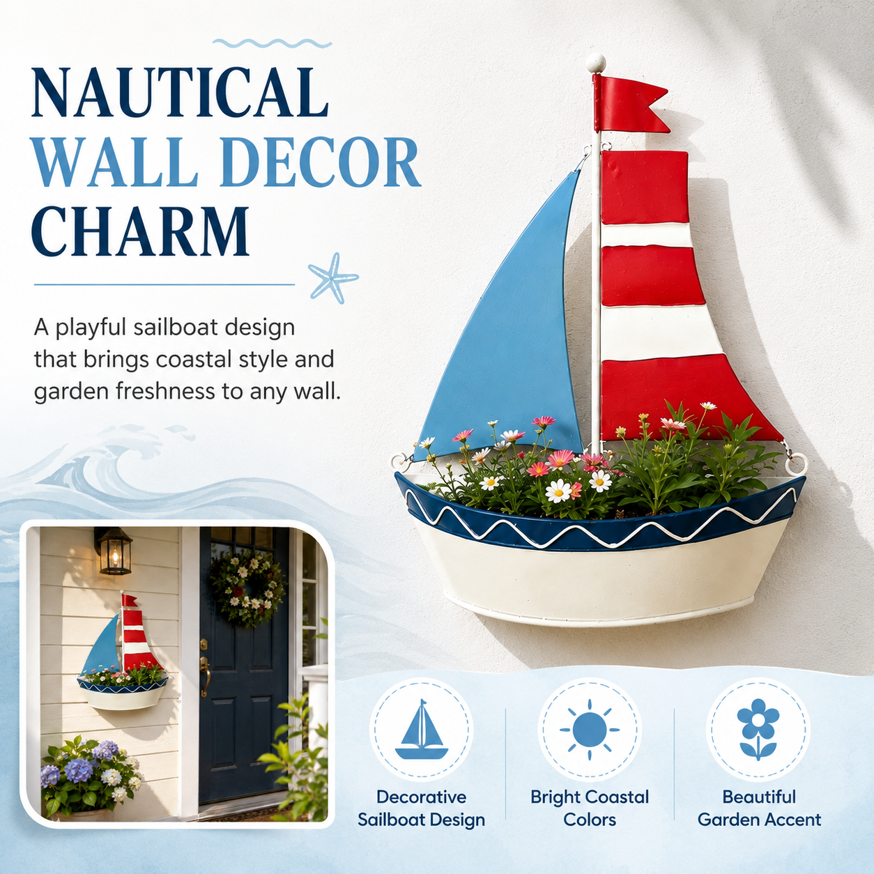 Iron Art Painted Sailboat-Shaped Wall Hanging Flower Pot