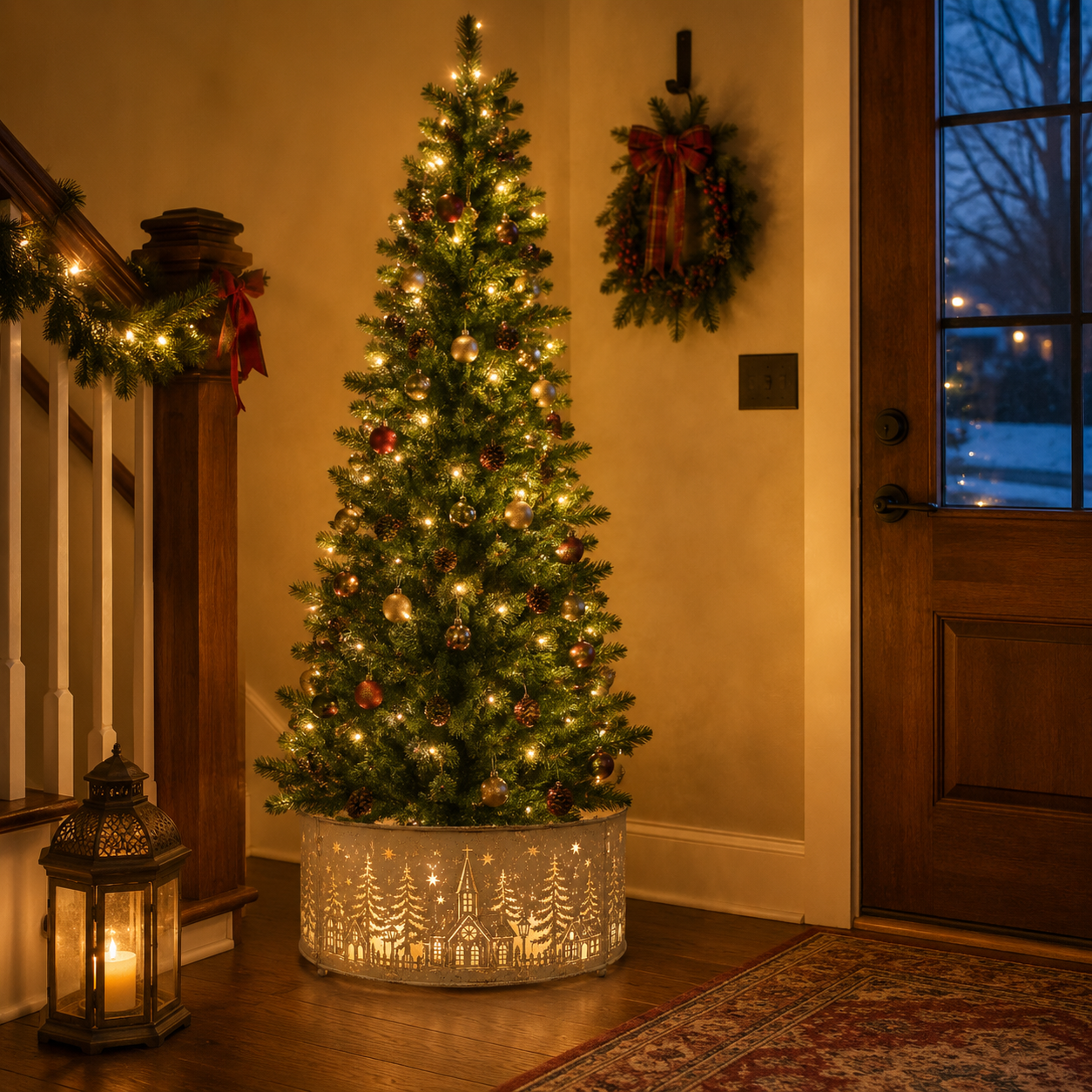 Pre-Lit Metal Christmas Tree Collar with Lighted Village Cutouts