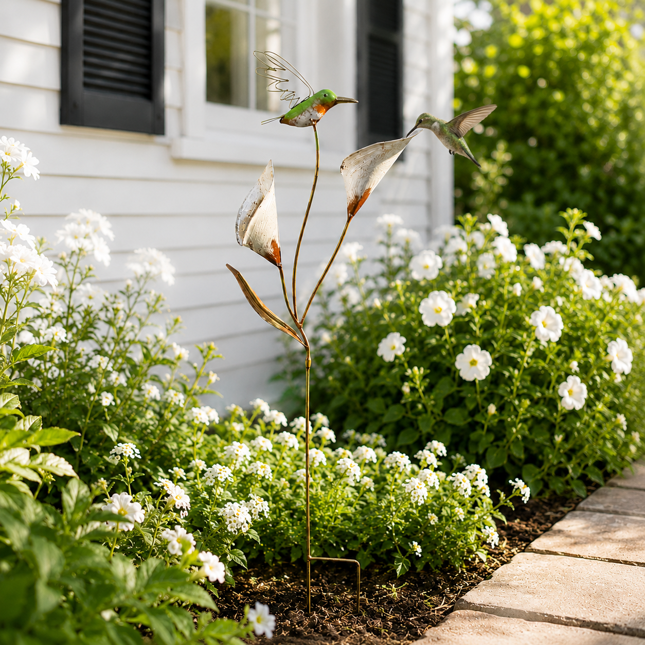 Metal Hummingbird Rustic Garden Stake with Calla Lily Flowers