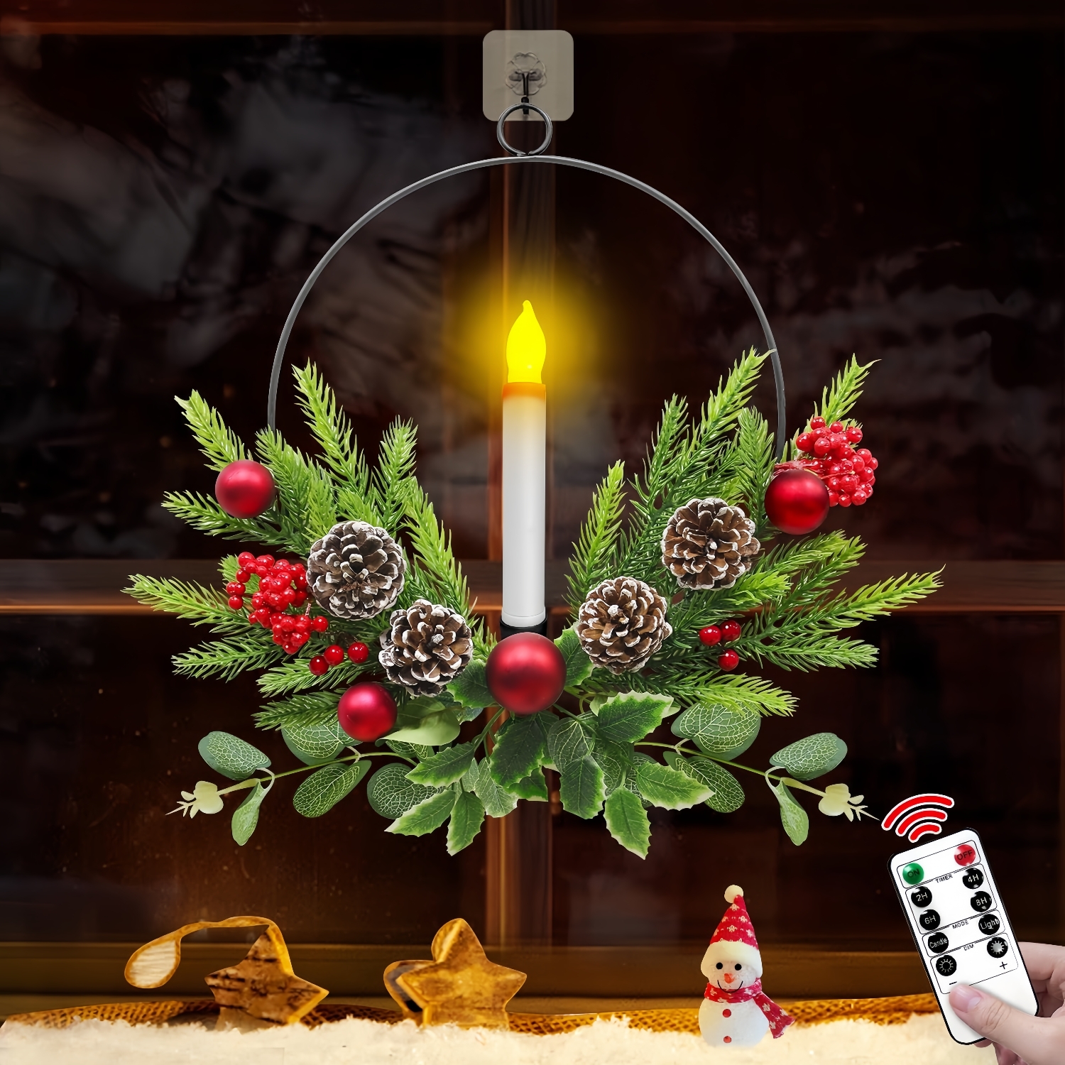 2025 Christmas Front Door & Window Candles Wreaths with Timer Remote