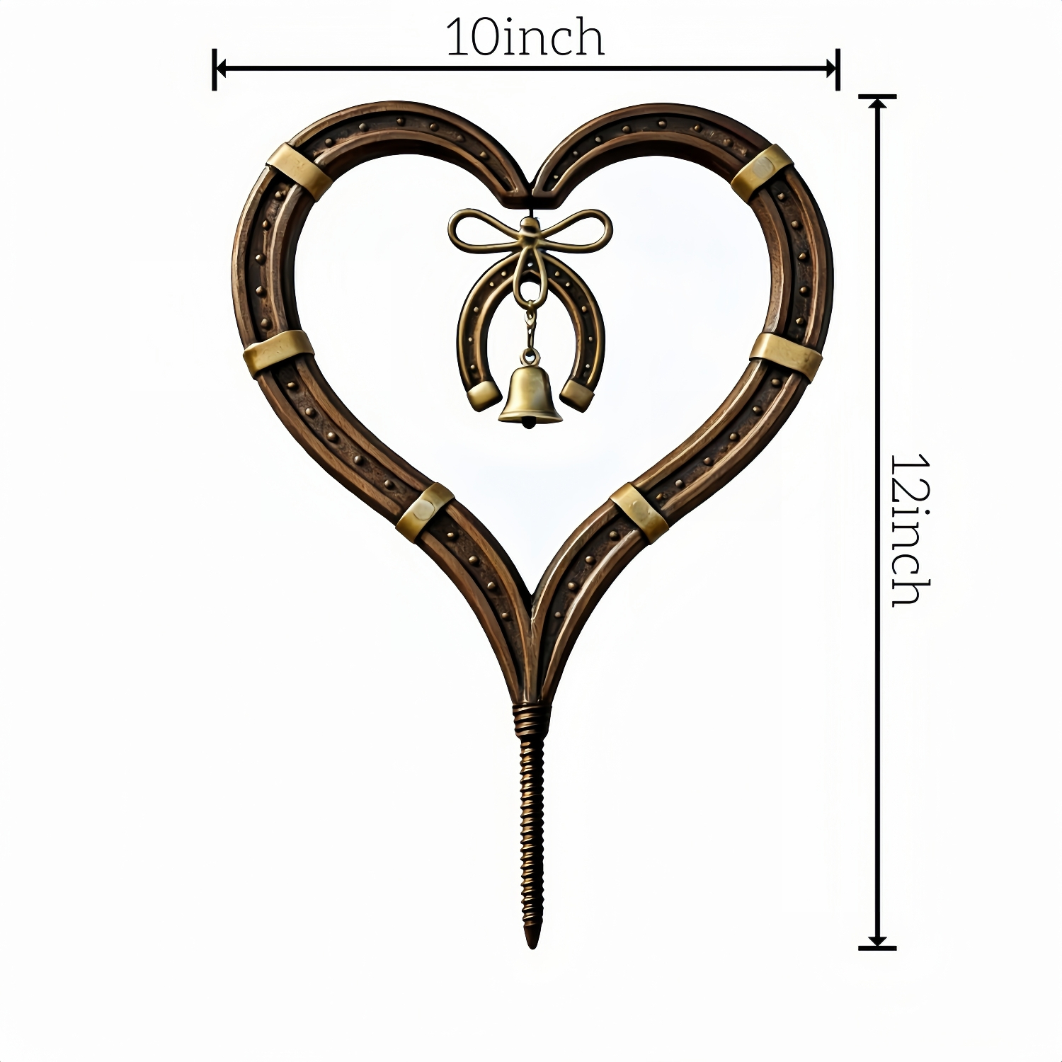 Handcrafted Horseshoe Heart Metal Garden Stake with Lucky Bell