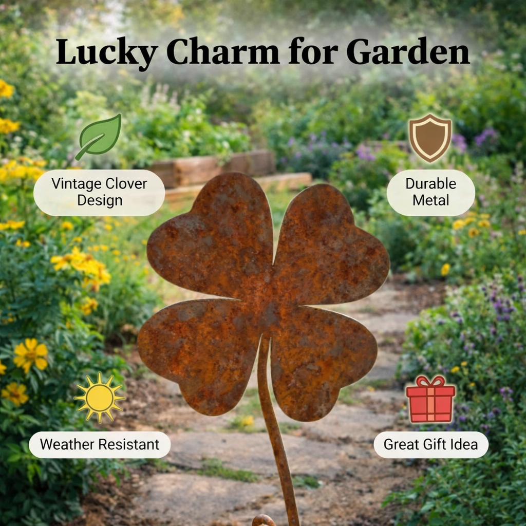 Rustic Four-Leaf Clover Metal Garden Stake