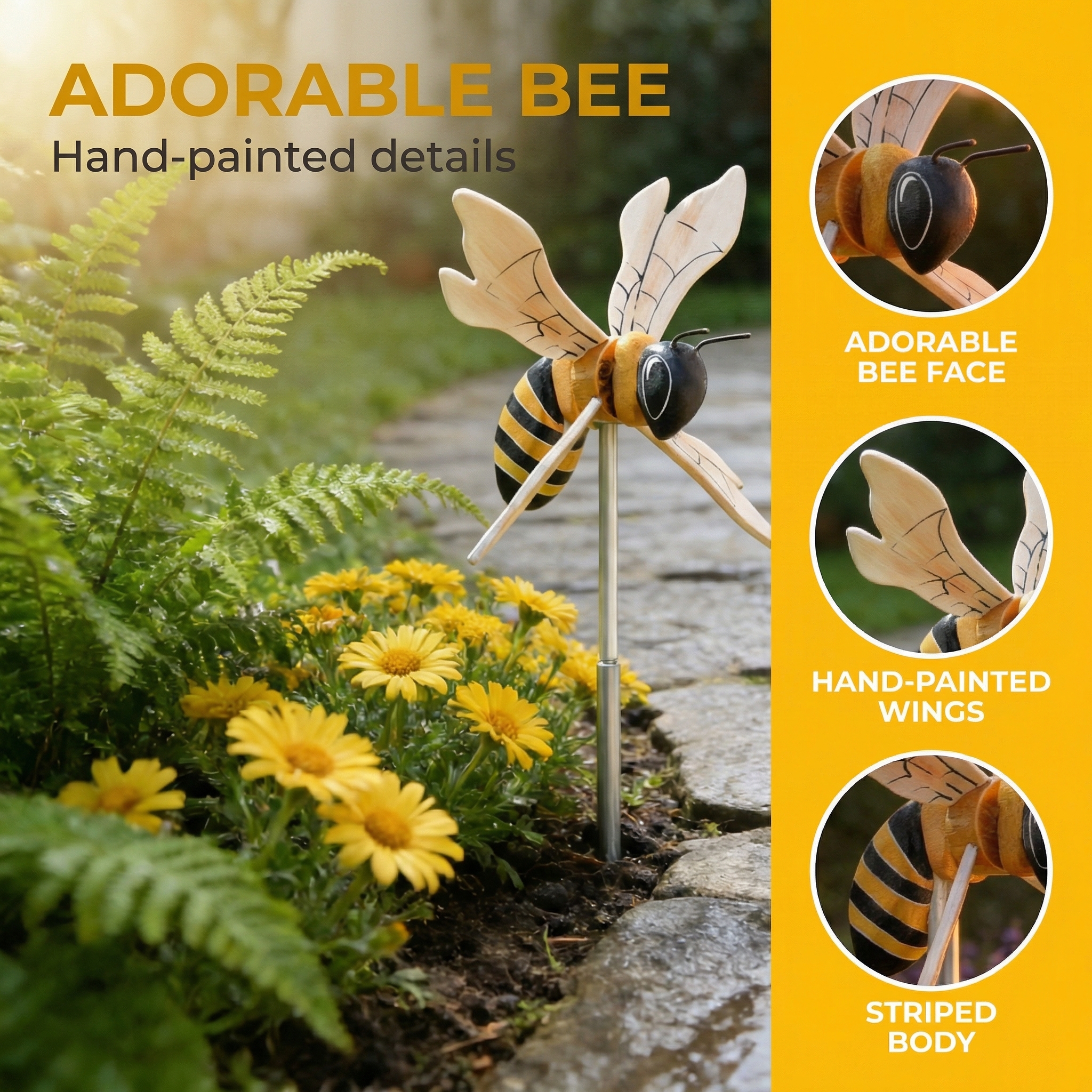 Wooden Bee Wind Spinner Garden Stake – Hand-Painted Outdoor Yard Decor