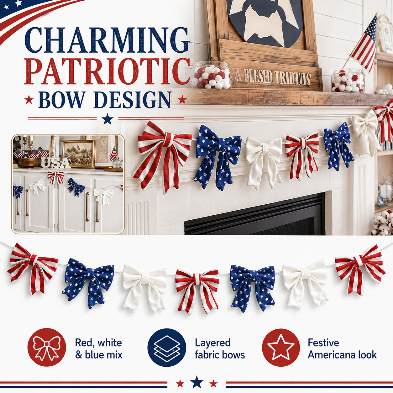 6.5 Ft Patriotic Bow Garland