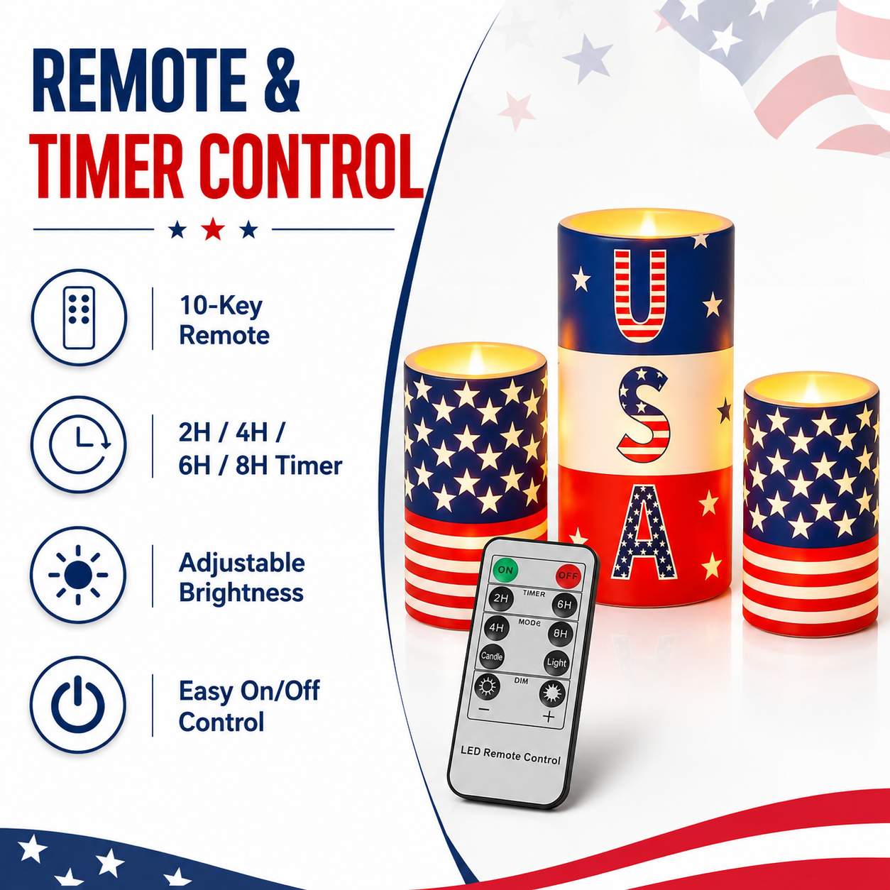 3PCS Patriotic Flameless LED Candle Set with Remote