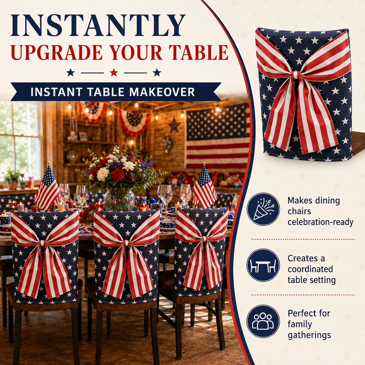 Independence Day Chair Covers with Patriotic Bow