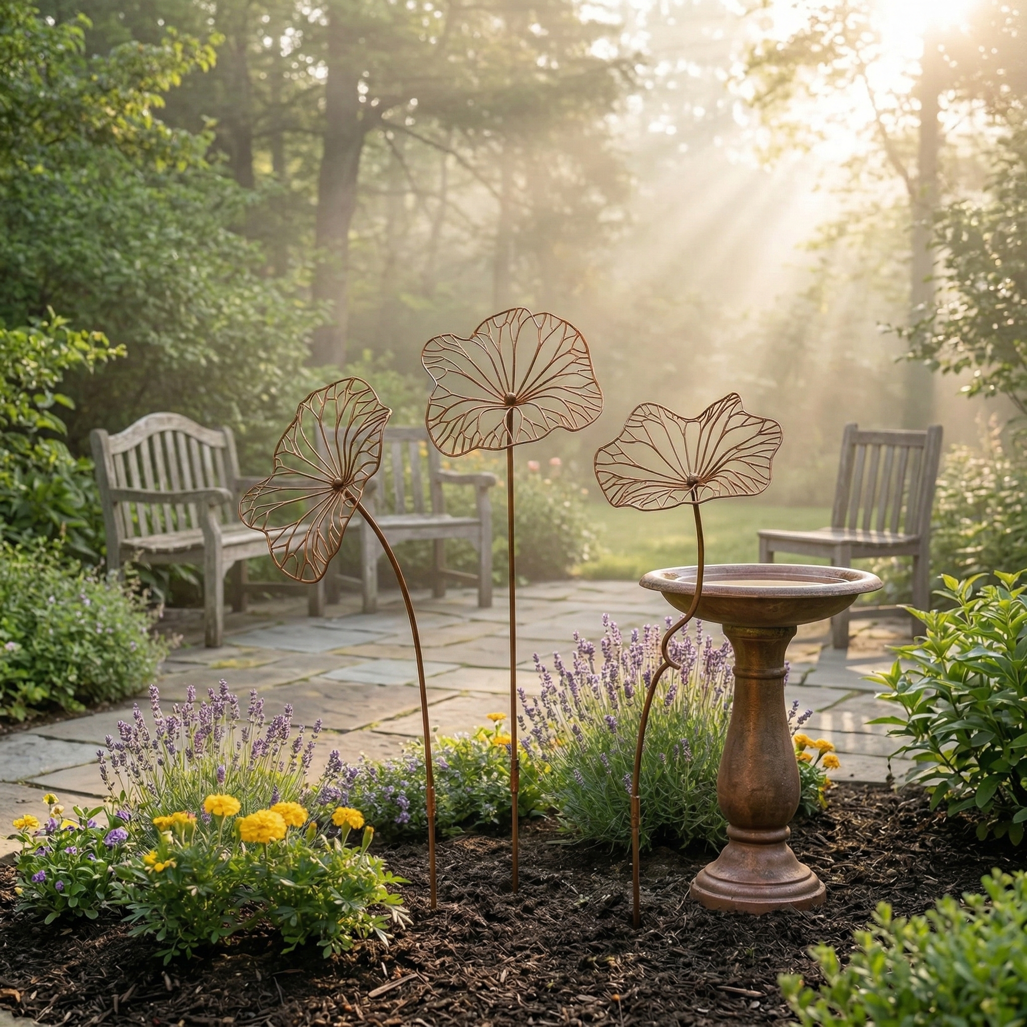 Set of 3 Rustic Iron Lotus Leaf Garden Stakes