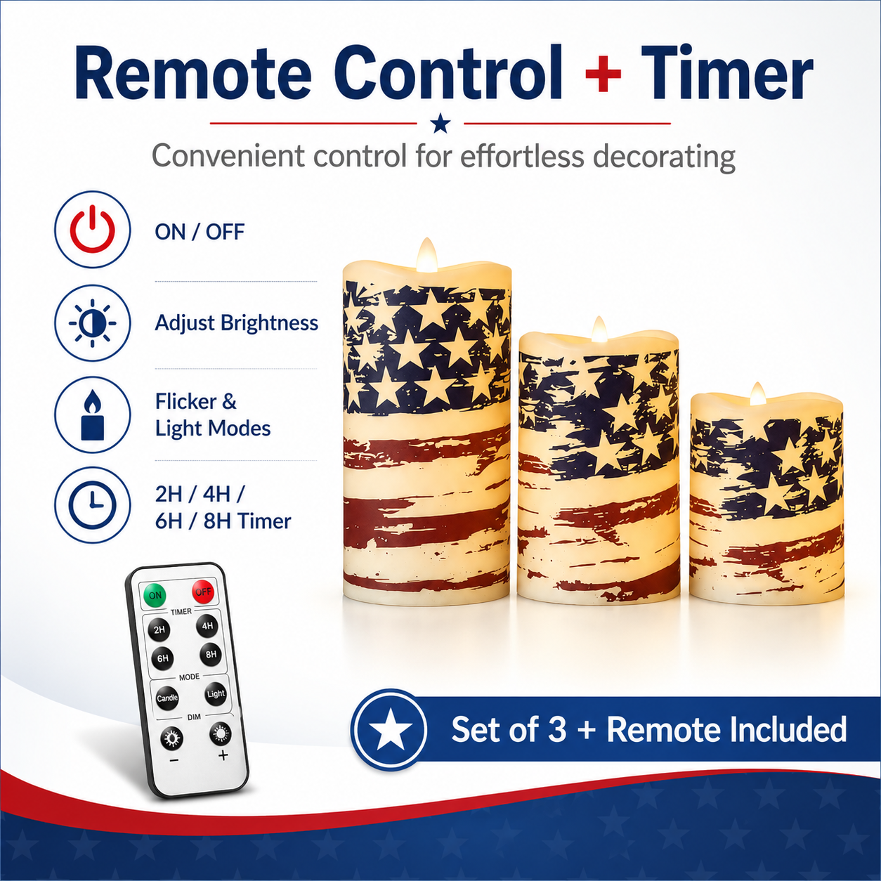 Set of 3 Patriotic LED Pillar Candles with Realistic Flame & Timer