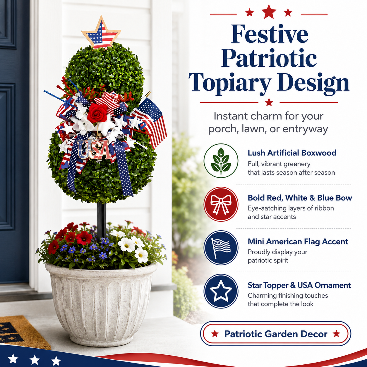 4th of July Patriotic Artificial Topiary Garden Stake