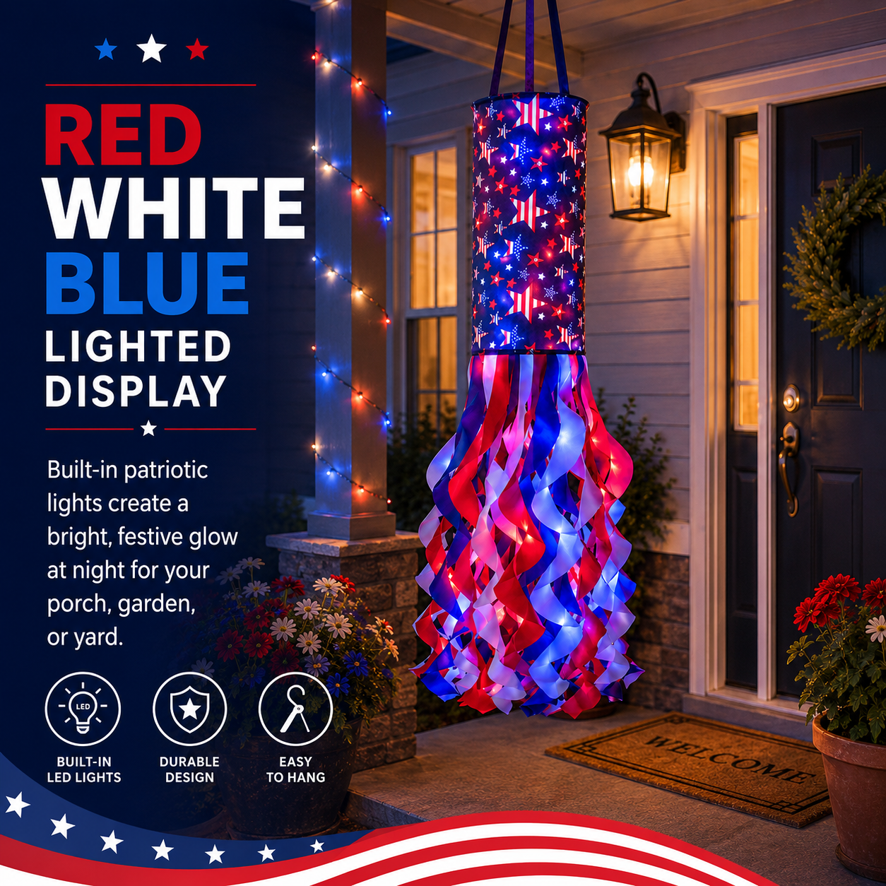 Lighted Patriotic Hanging Windsock