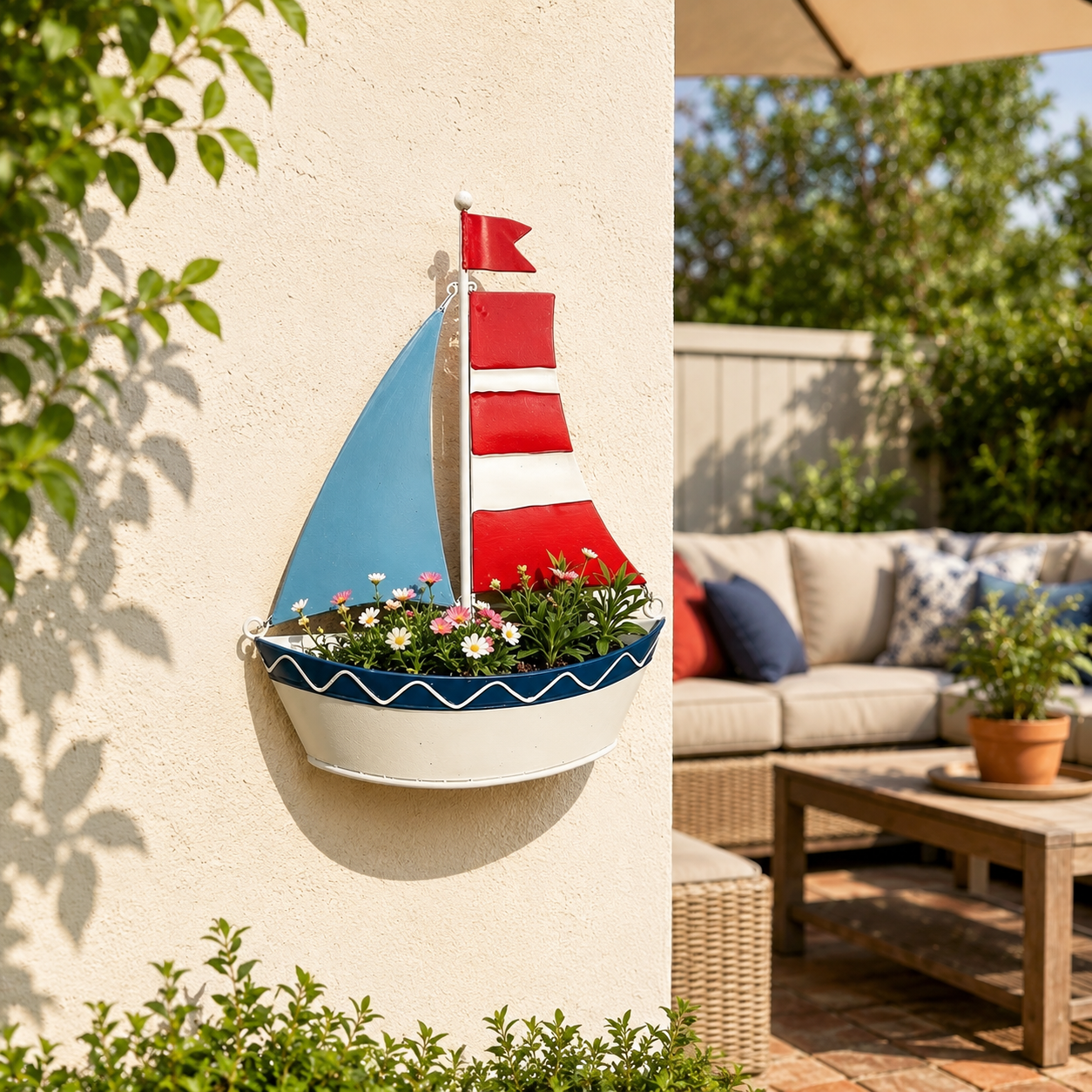 Iron Art Painted Sailboat-Shaped Wall Hanging Flower Pot