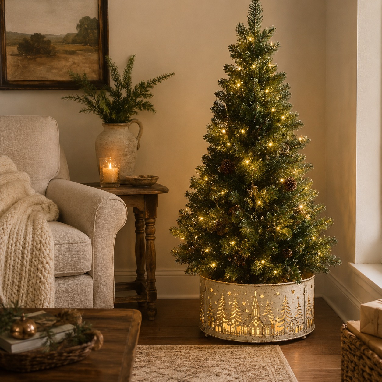 Pre-Lit Metal Christmas Tree Collar with Lighted Village Cutouts
