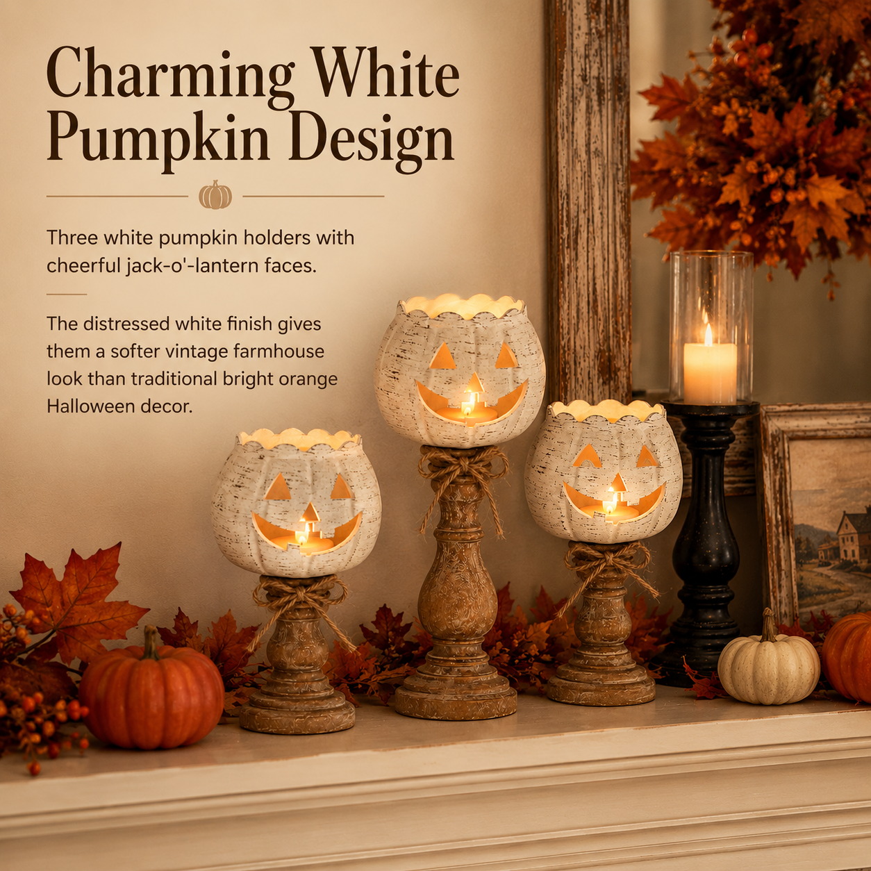 Rustic White Pumpkin Tealight Candle Holder Set of 3