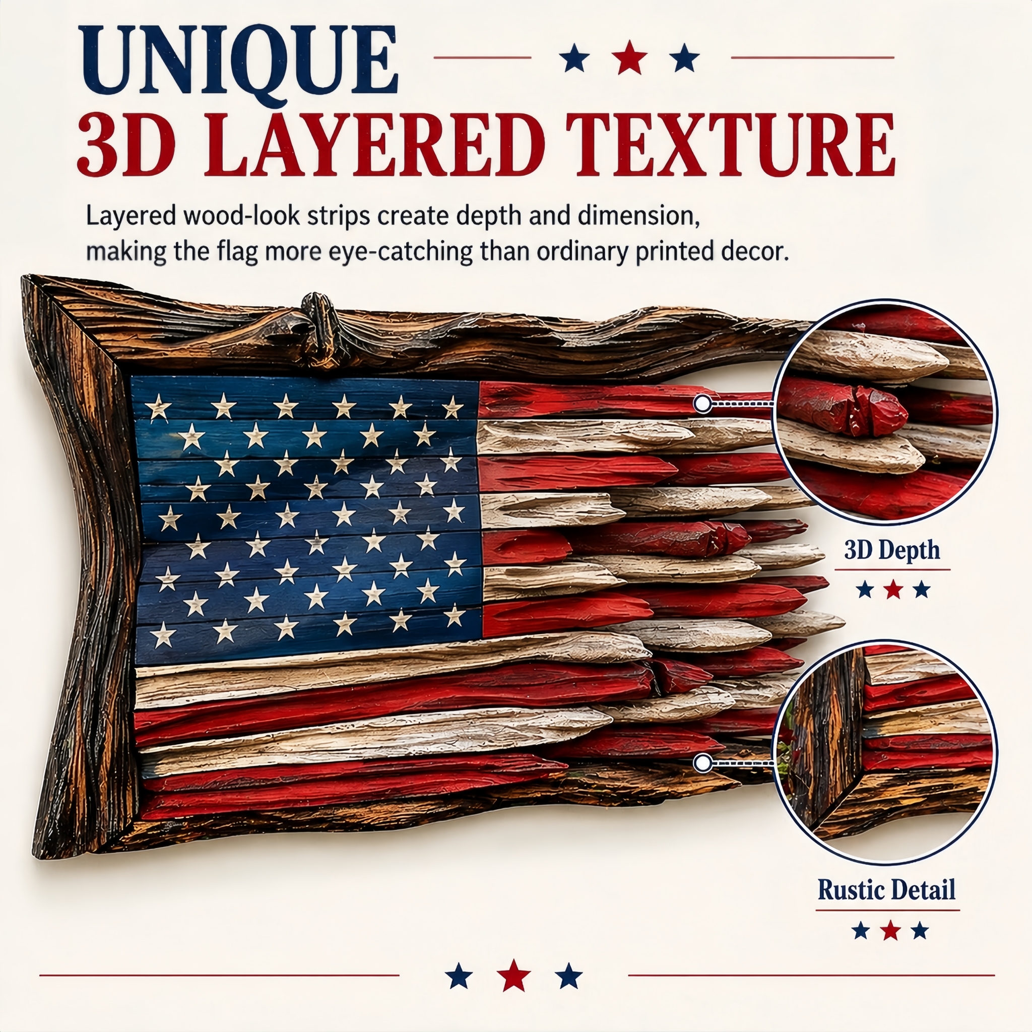 Handcrafted 3D Wooden American Flag Wall Decor