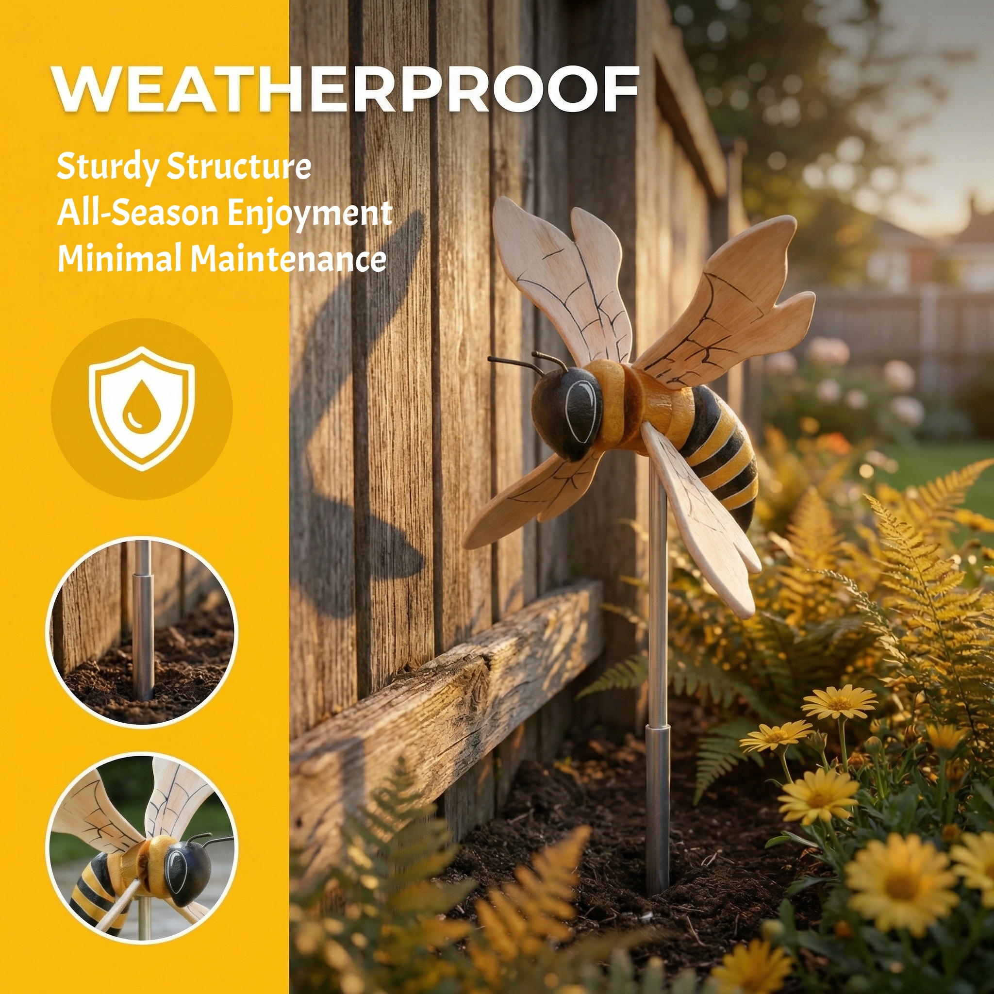 Wooden Bee Wind Spinner Garden Stake – Hand-Painted Outdoor Yard Decor