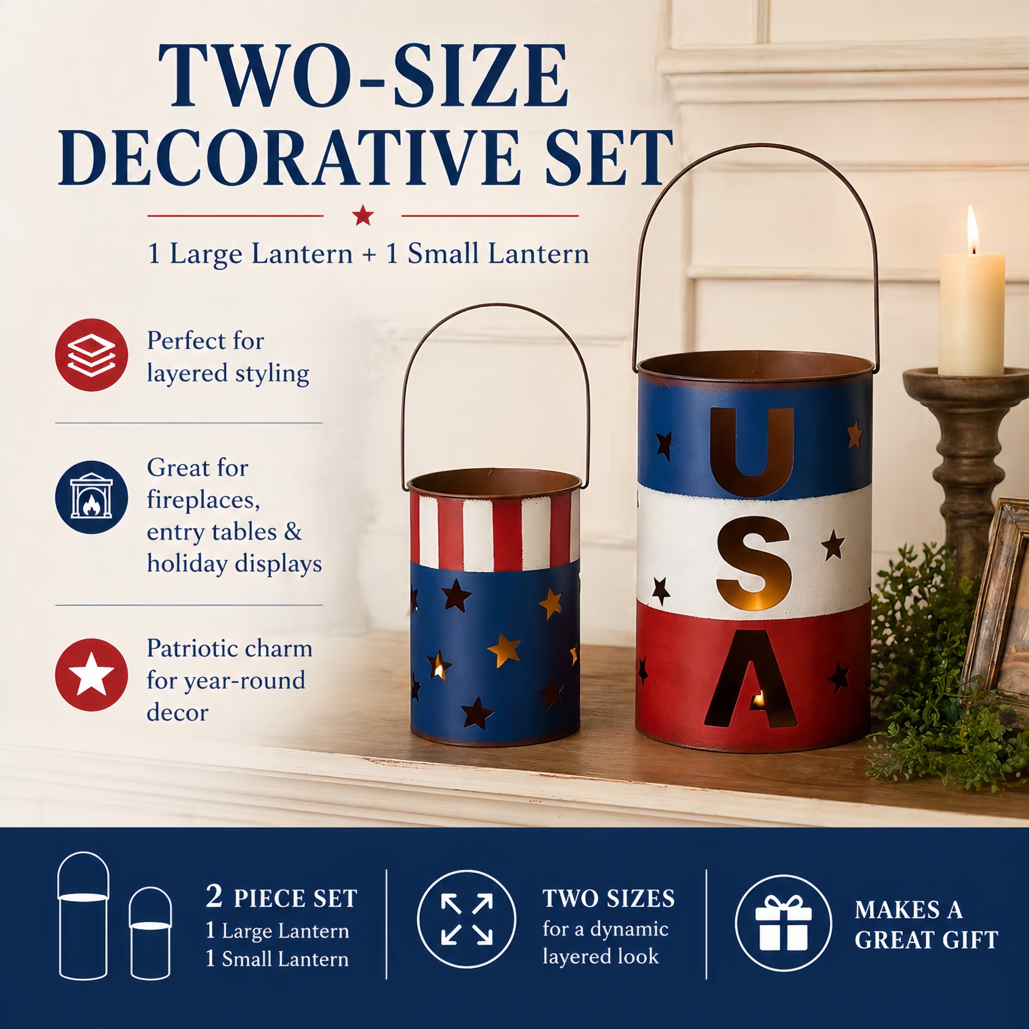 Patriotic Metal Candle Lantern Set