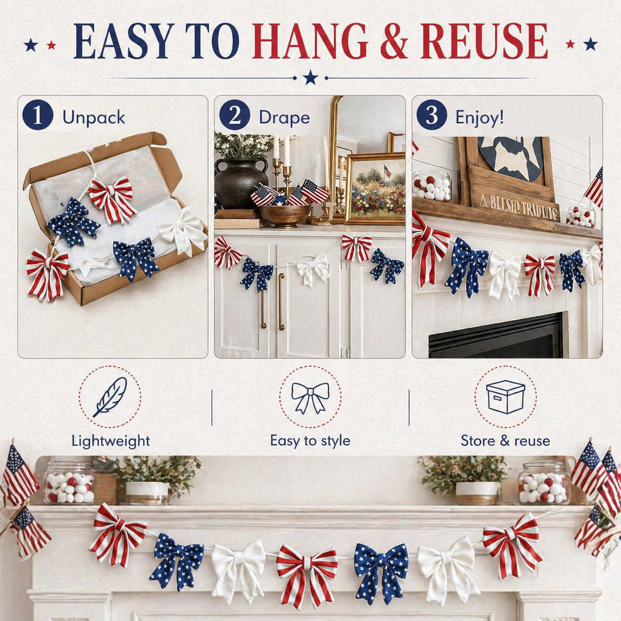 6.5 Ft Patriotic Bow Garland