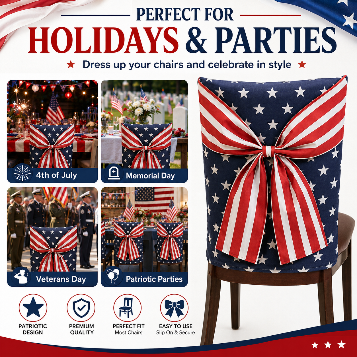 Independence Day Chair Covers with Patriotic Bow
