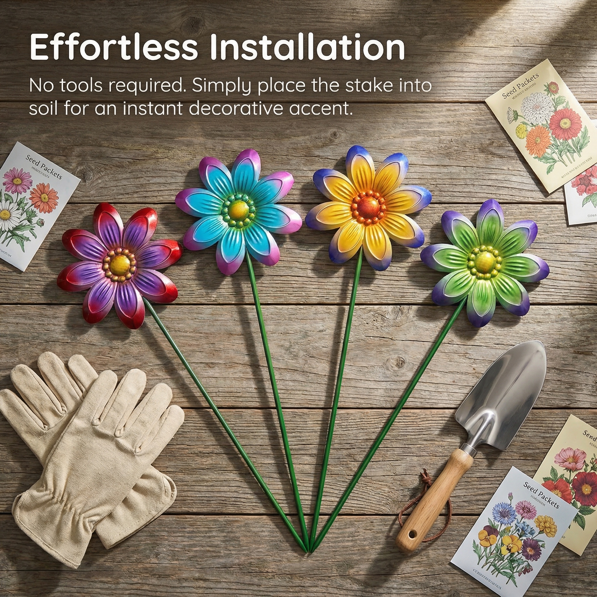 Set of 4 Outdoor Metal Colorful Floral Garden Decor Stakes