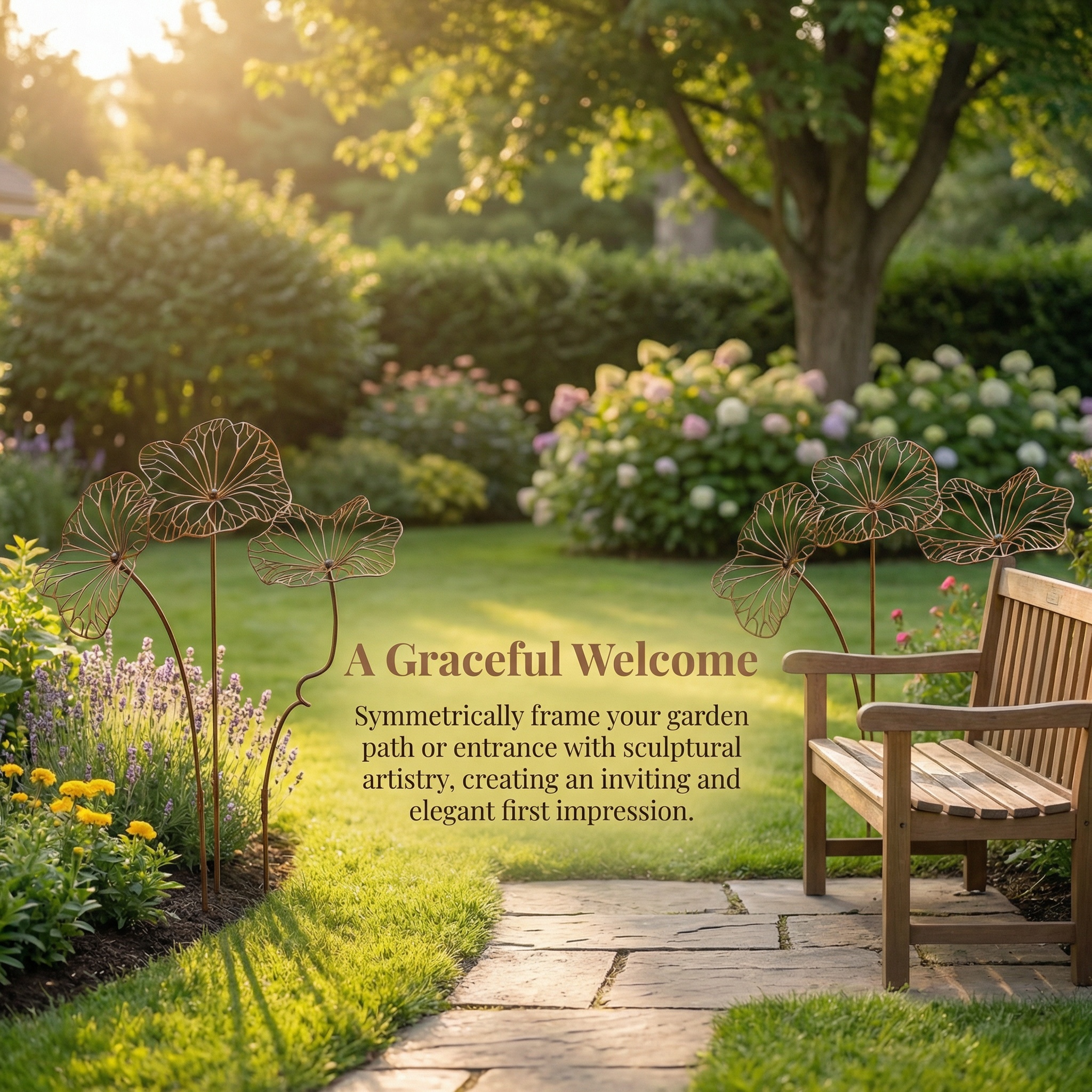 Set of 3 Rustic Iron Lotus Leaf Garden Stakes