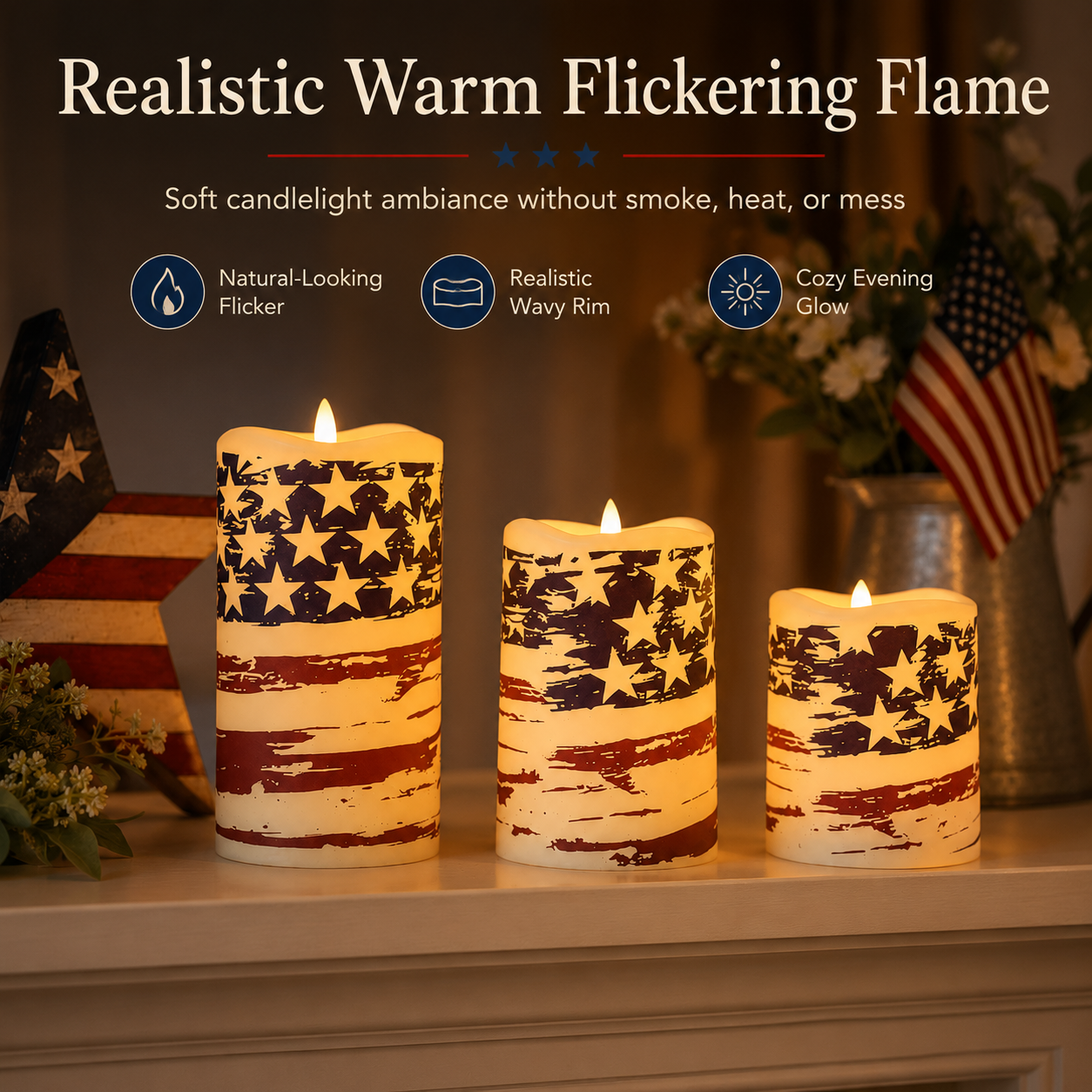 Set of 3 Patriotic LED Pillar Candles with Realistic Flame & Timer