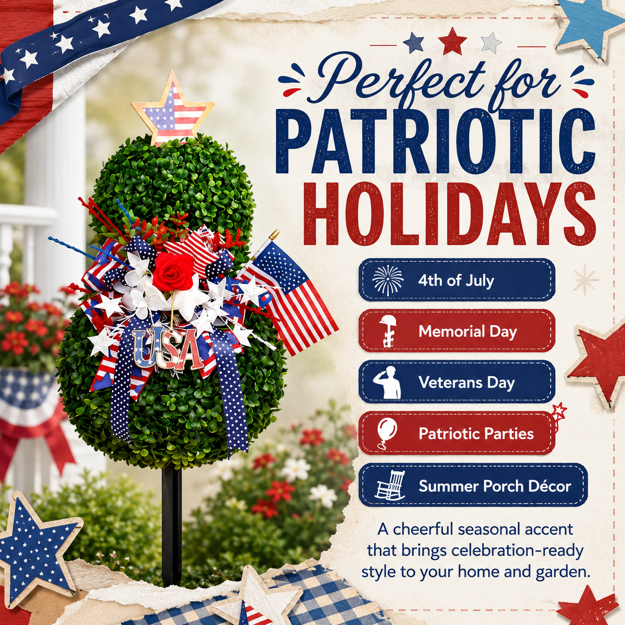 4th of July Patriotic Artificial Topiary Garden Stake